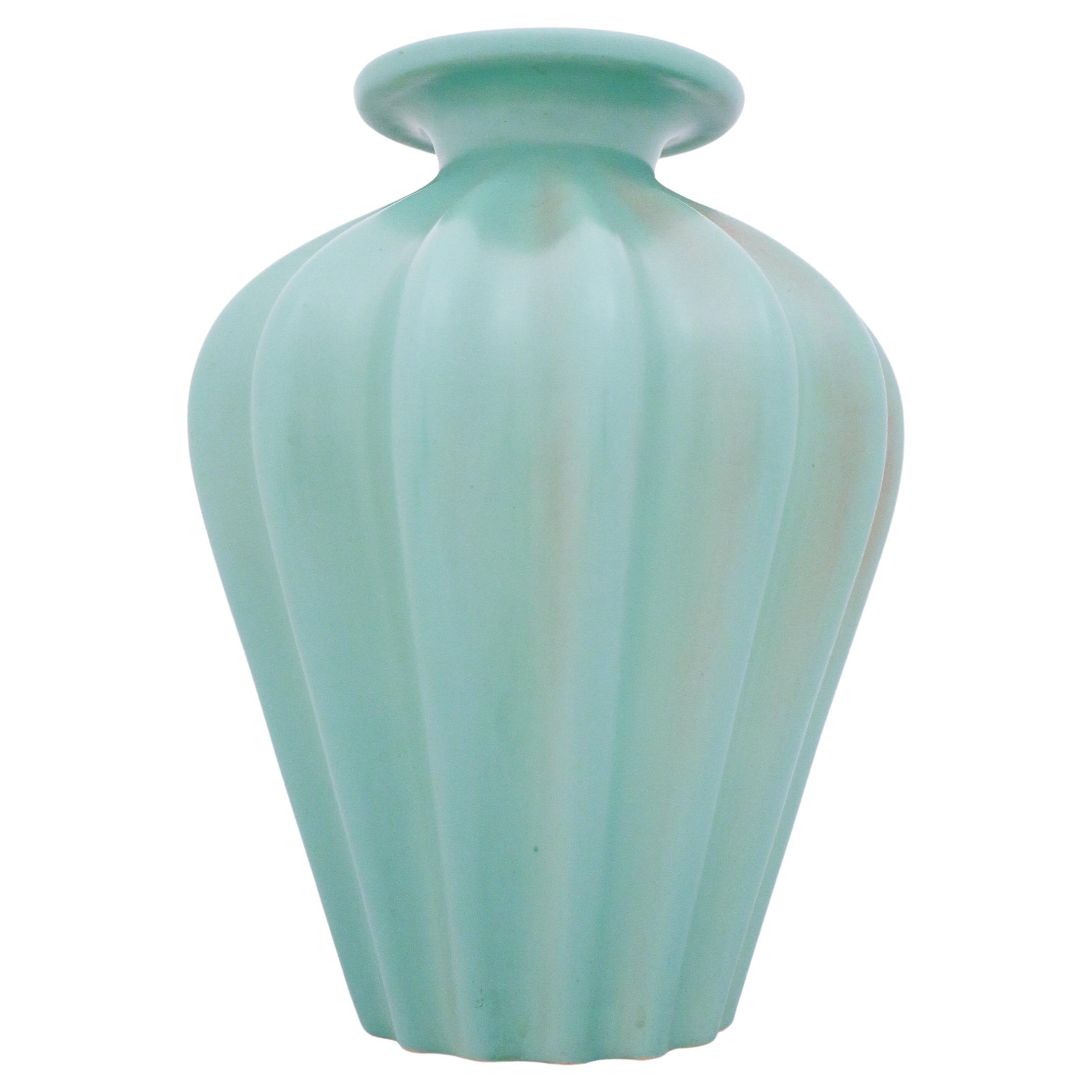 Ewald Dahlskog, Large Turquoise Art Deco Floor Vase, Bo Fajans, Sweden, 1930s