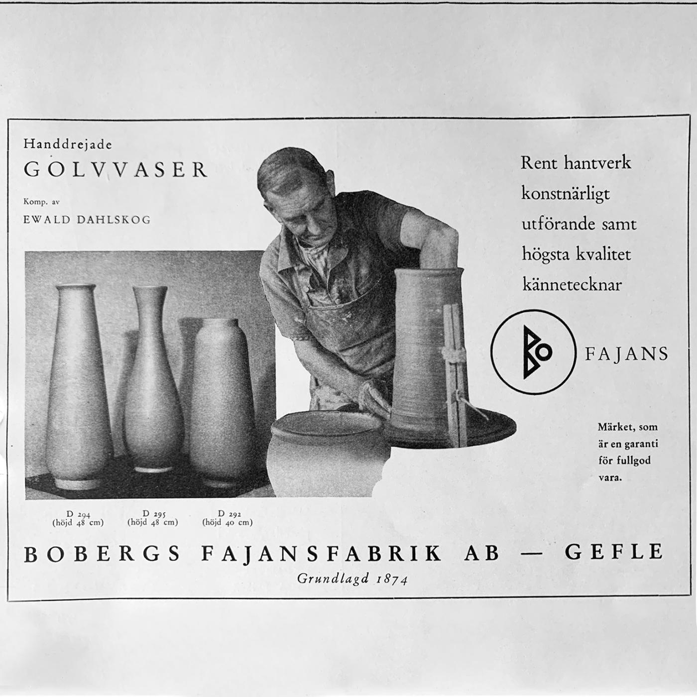 Ewald Dahlskog Tall Blue Scandinavian Modern Vase for Bo Fajans For Sale 1