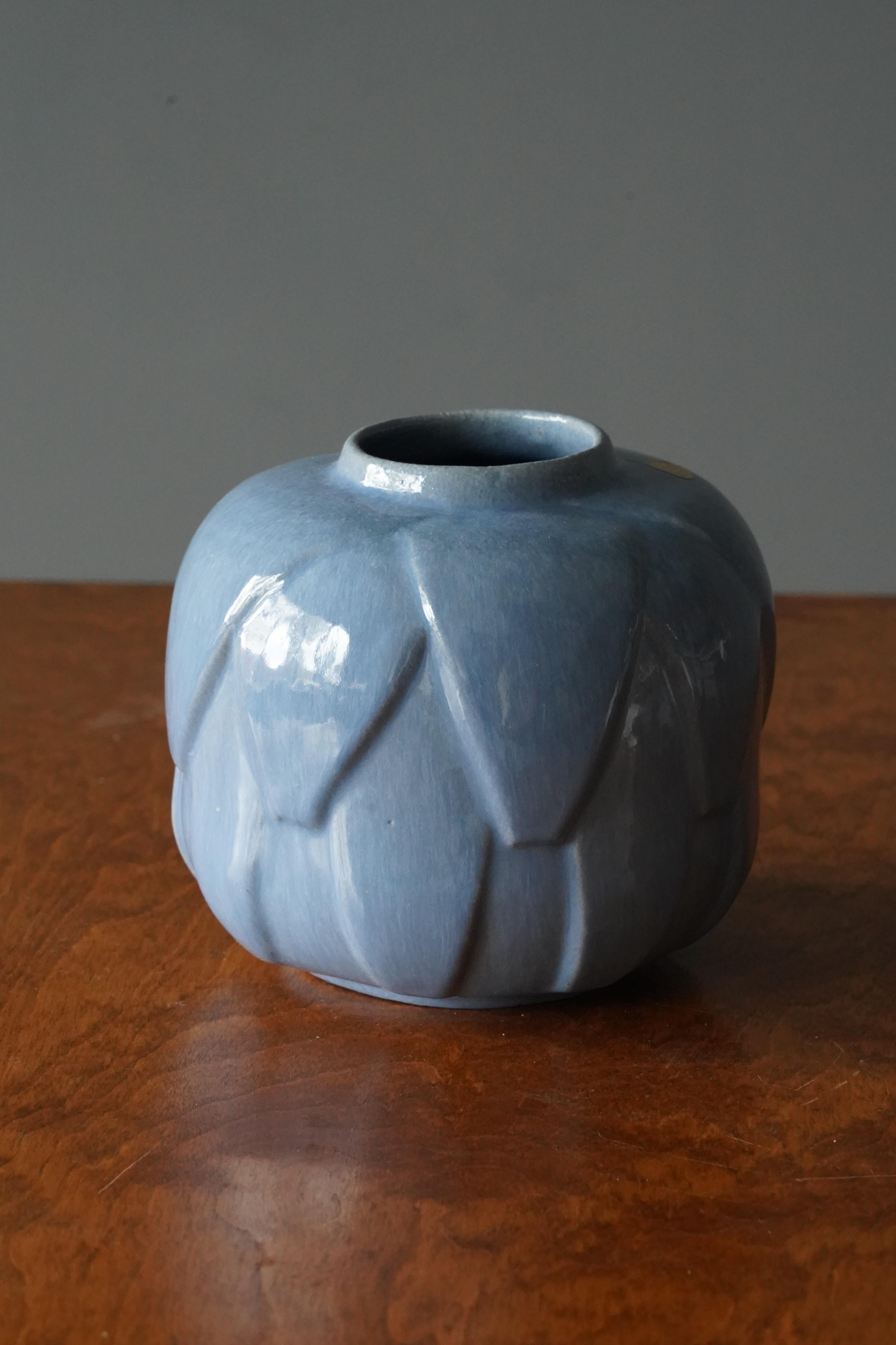 Scandinavian Modern Ewald Dahlskog, Vase, Blue Glazed Earthenware, Bo Fajans, Sweden, 1930s