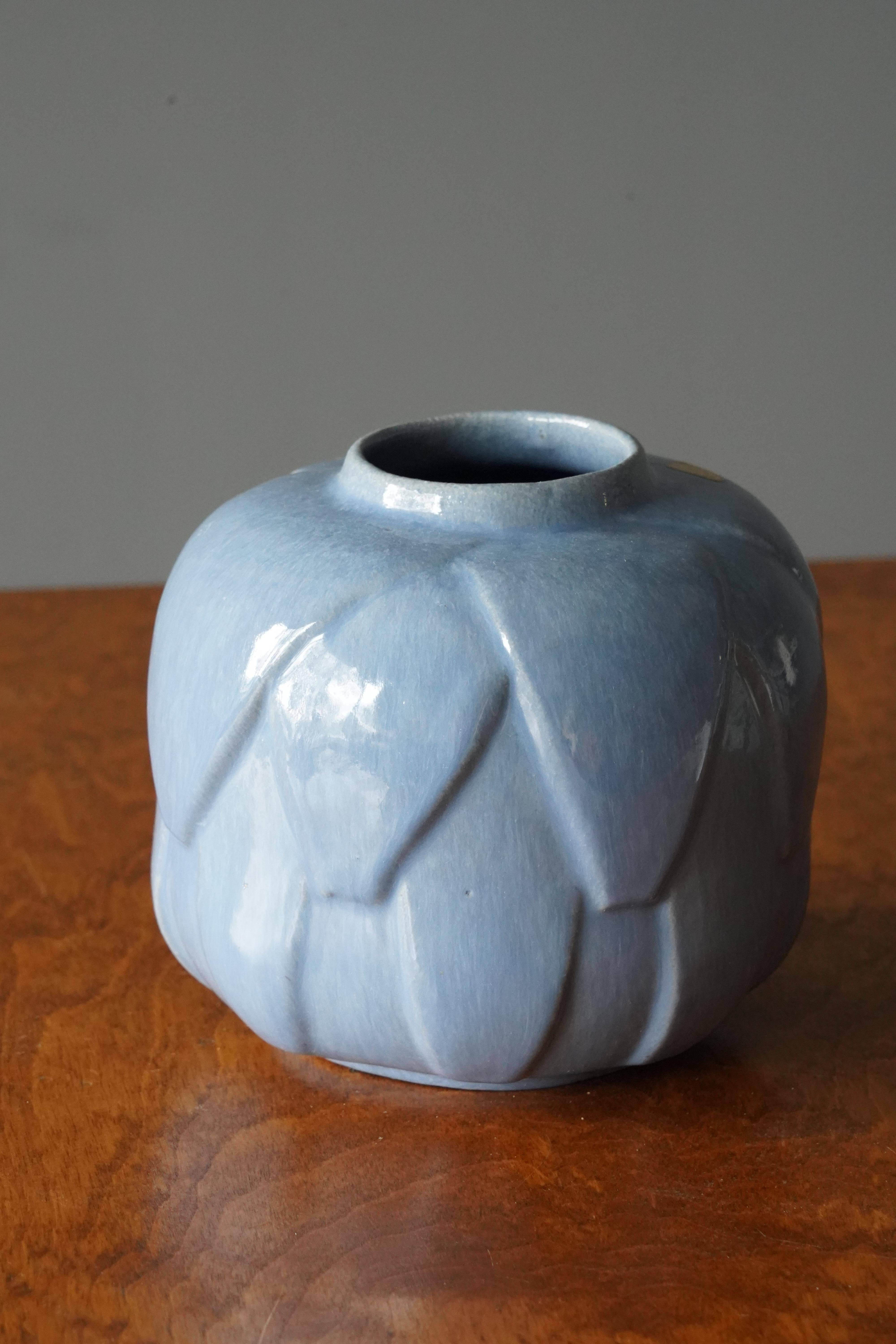Ewald Dahlskog, Vase, Blue Glazed Earthenware, Bo Fajans, Sweden, 1930s In Good Condition In High Point, NC