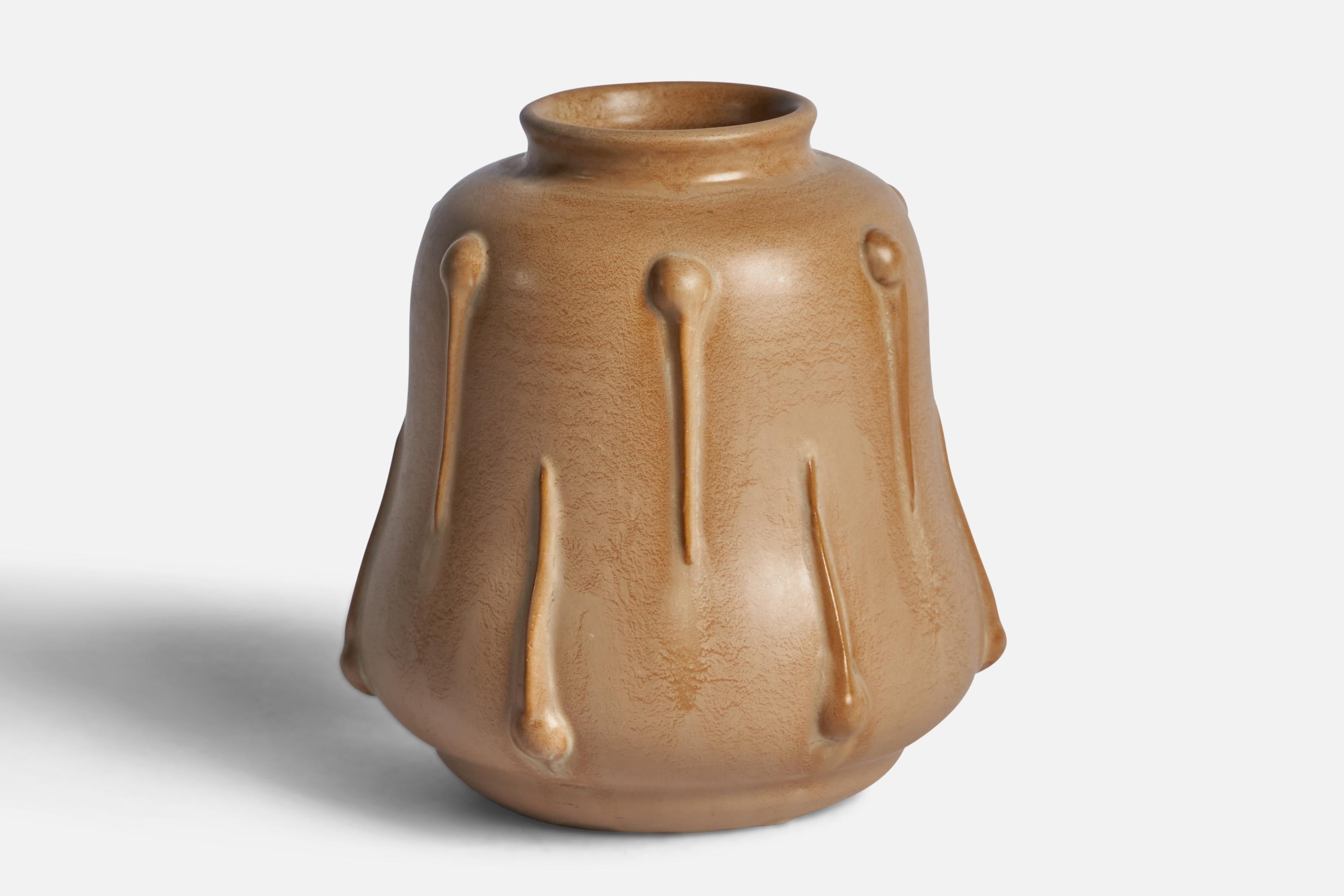 A beige-glazed earthenware vase designed by Ewald Dahlskog and produced by Bo Fajans, Sweden, c. 1930s.