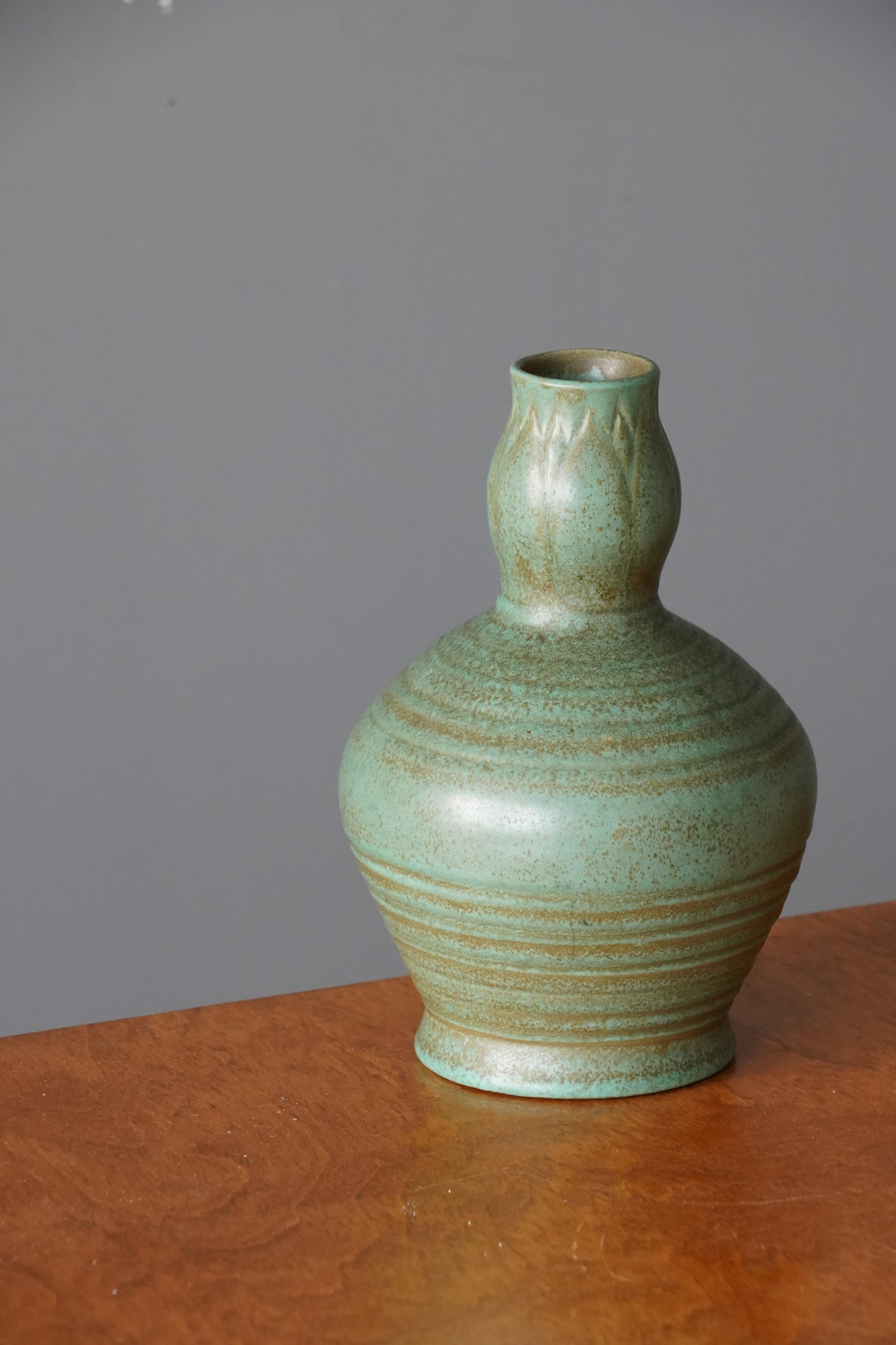 Swedish Ewald Dahlskog, Vase, Green Brown Glazed Earthenware, Bo Fajans, Sweden, 1930s