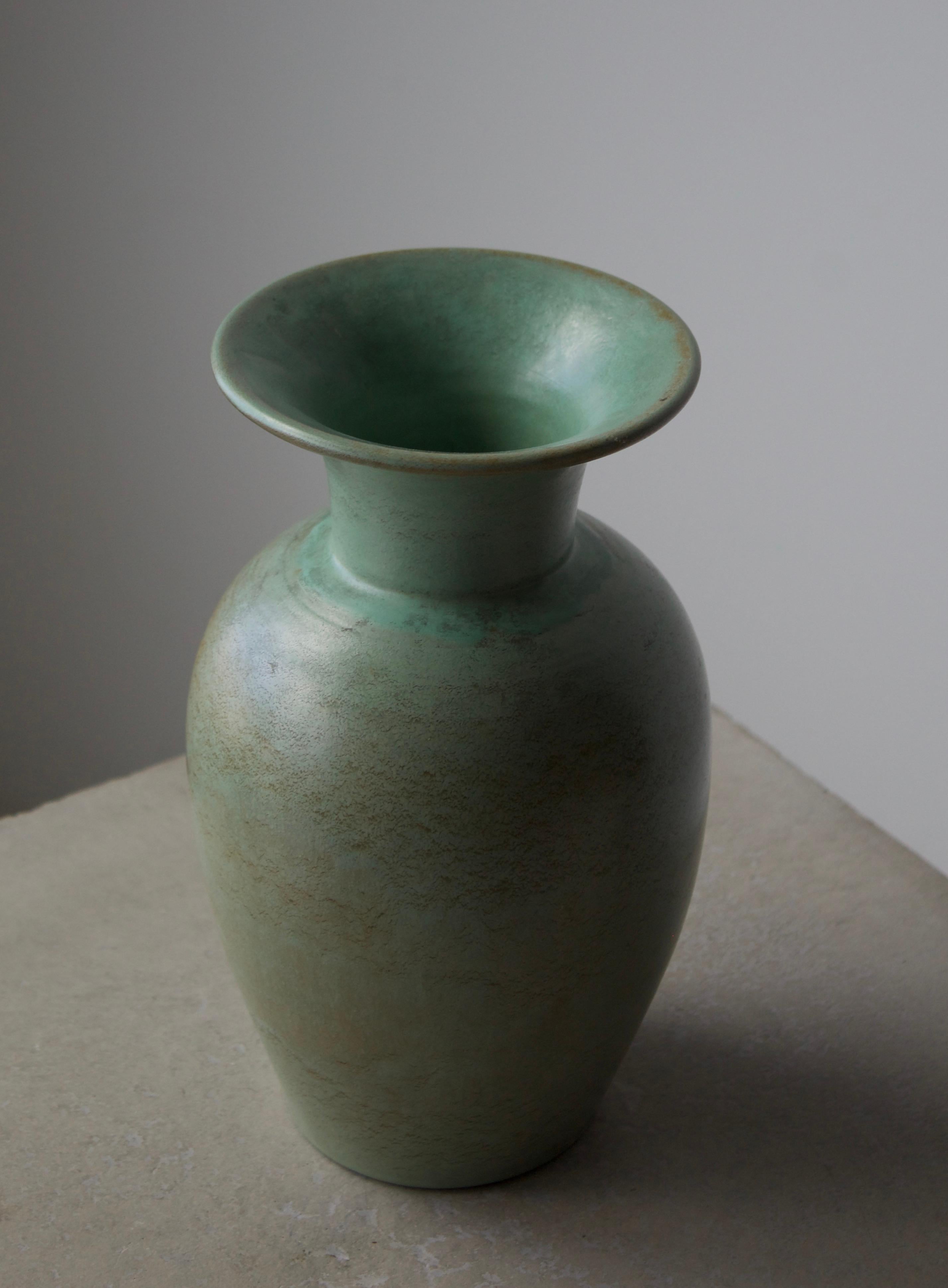 Swedish Ewald Dahlskog, Vase, Green-Glazed Earthenware, Bo Fajans, Sweden, 1930s