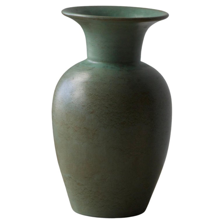 Ewald Dahlskog, Vase, Green-Glazed Earthenware, Bo Fajans, Sweden, 1930s For Sale