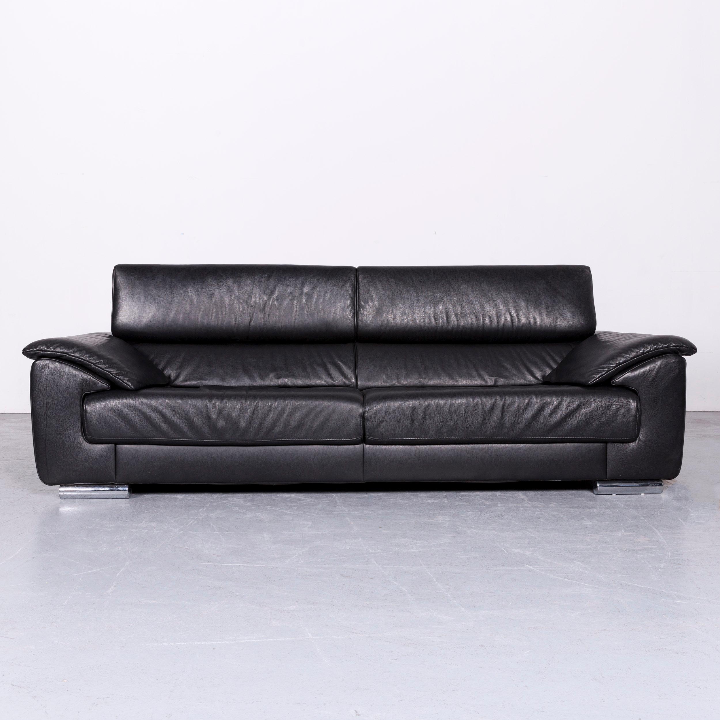 German Ewald Schillig Brand Blues Leather Sofa Black Three-Seat For Sale