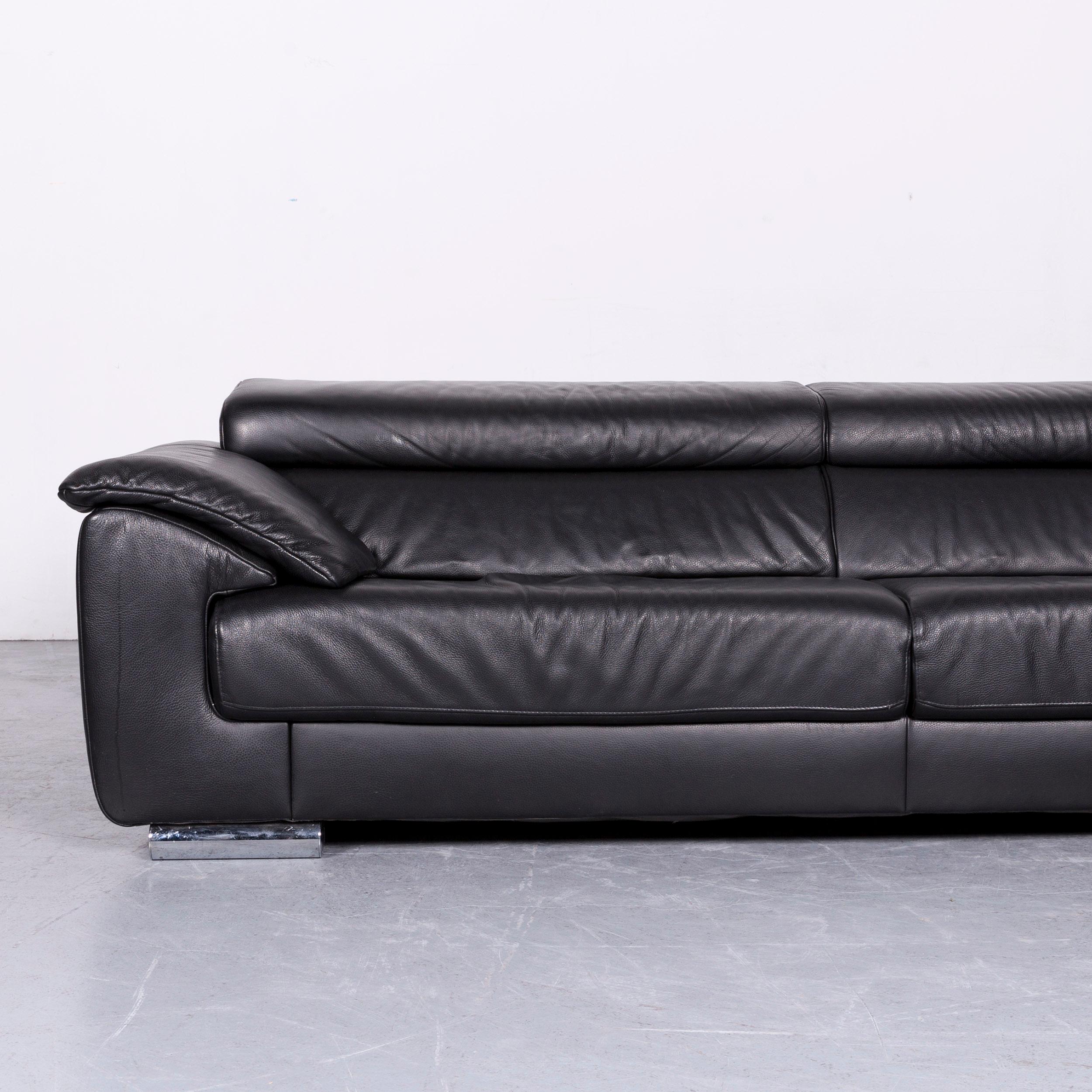 Ewald Schillig Brand Blues Leather Sofa Black Three-Seat In Good Condition For Sale In Cologne, DE