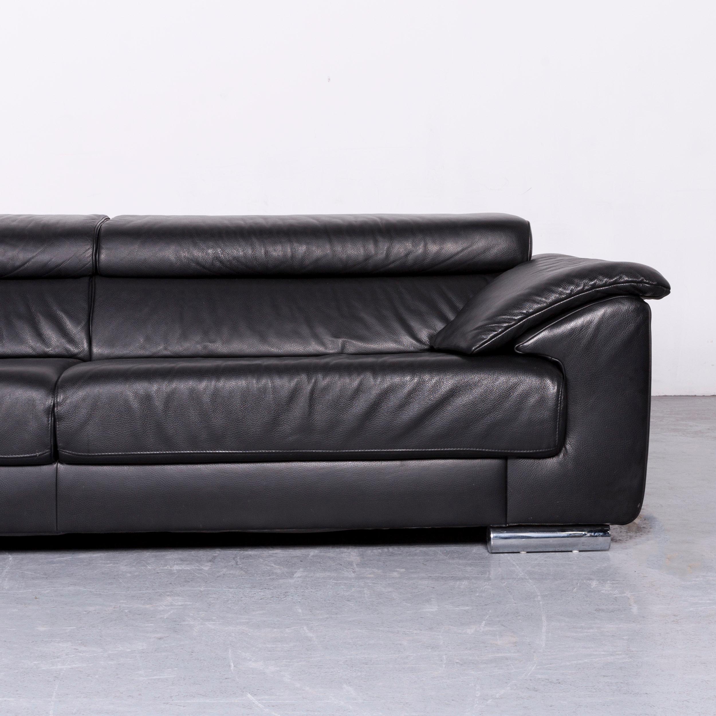 Contemporary Ewald Schillig Brand Blues Leather Sofa Black Three-Seat For Sale