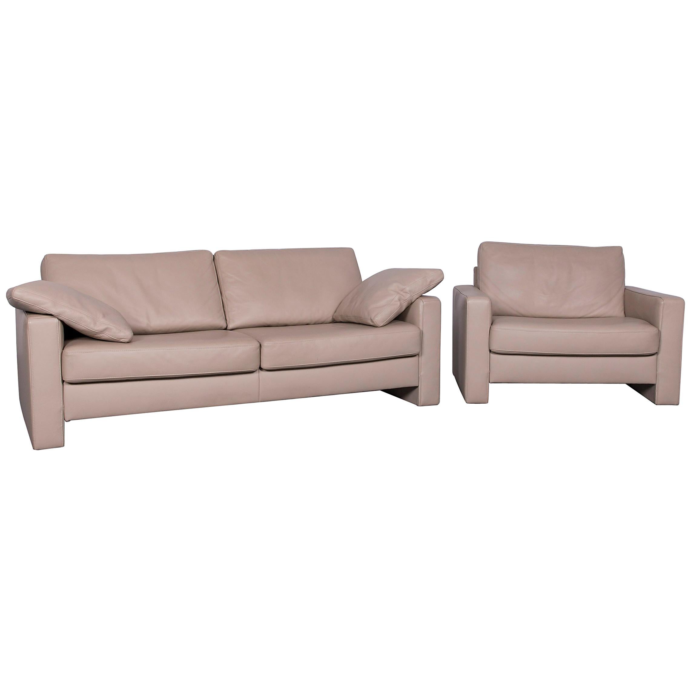 Ewald Schillig Designer Leather Sofa Armchair Set Brown Beige Two-Seat