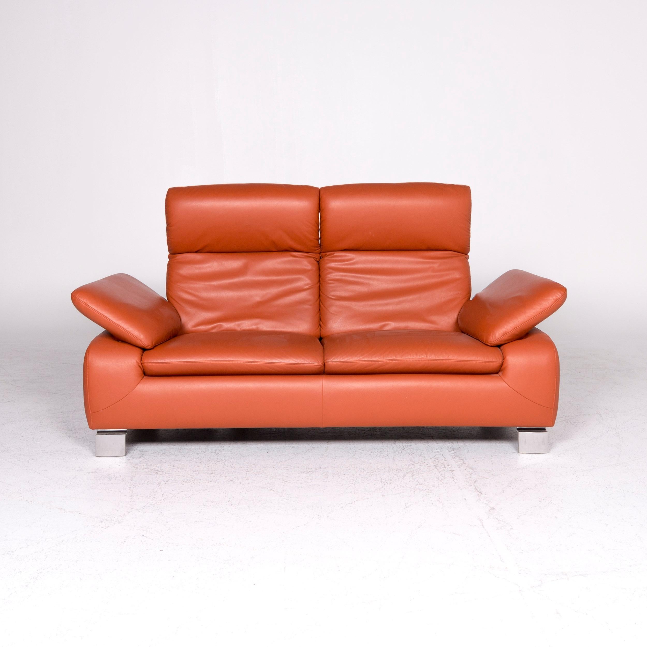 German Ewald Schillig Designer Leather Sofa Orange Two-Seat Couch For Sale
