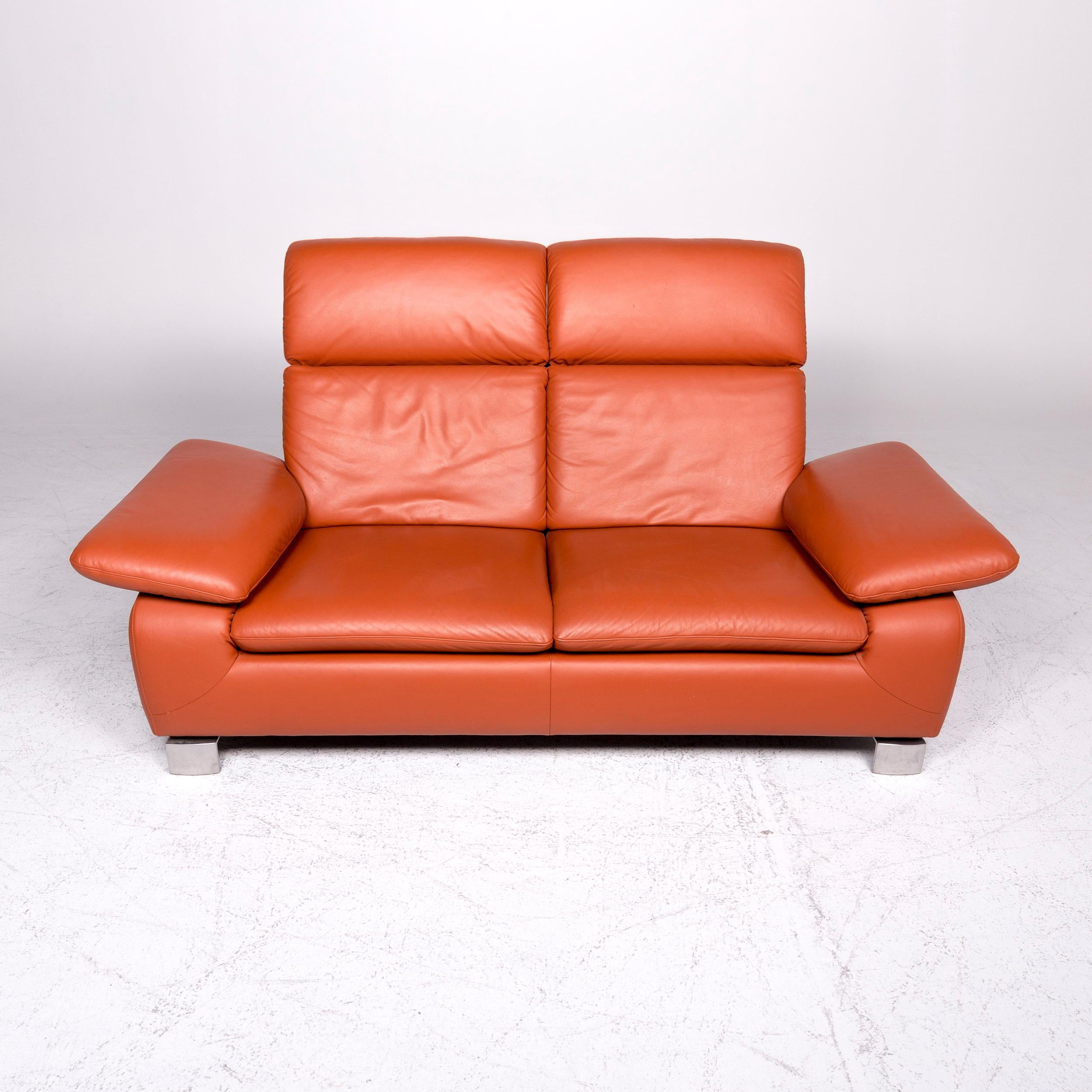 Ewald Schillig Designer Leather Sofa Orange Two-Seat Couch For Sale 1