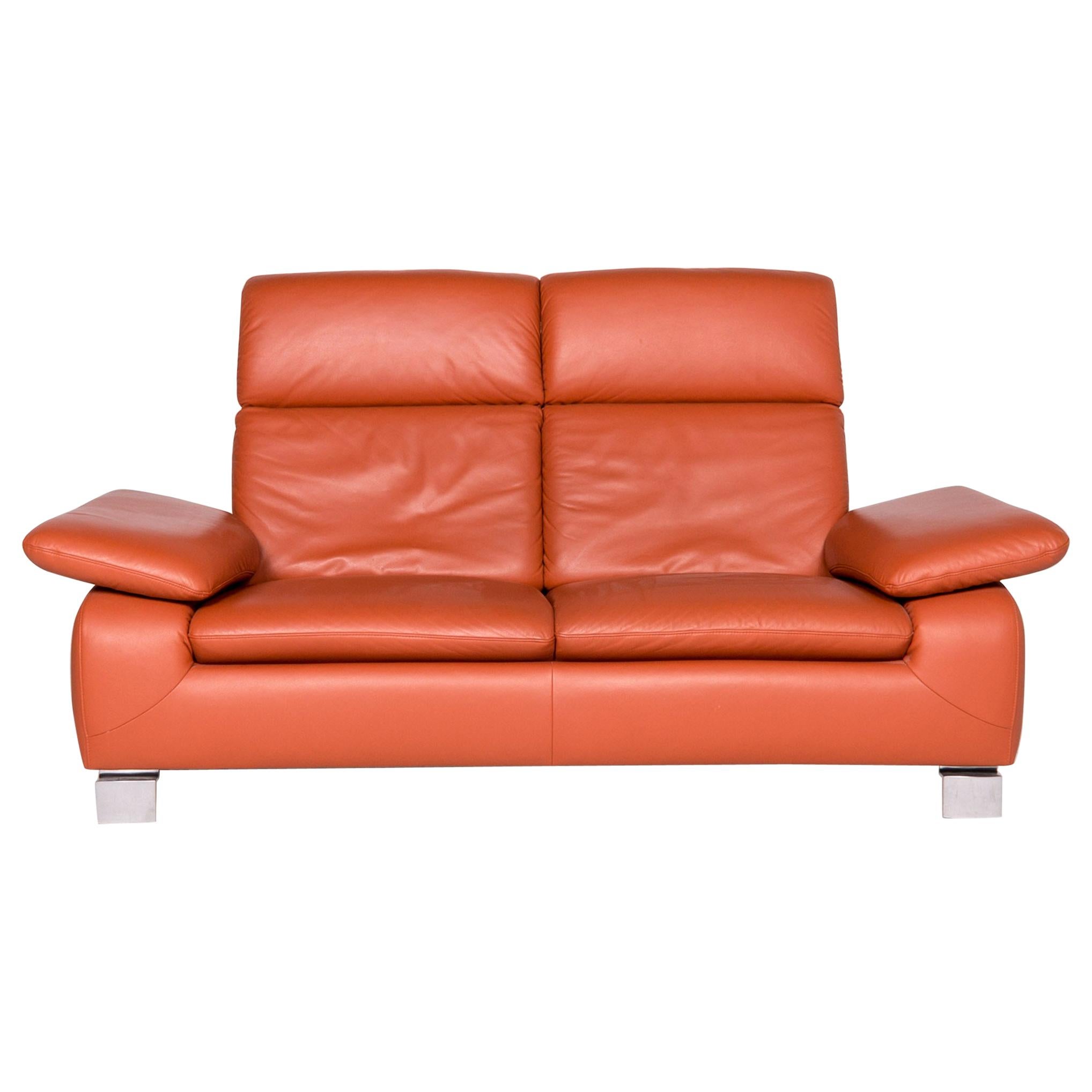 Ewald Schillig Designer Leather Sofa Orange Two-Seat Couch For Sale
