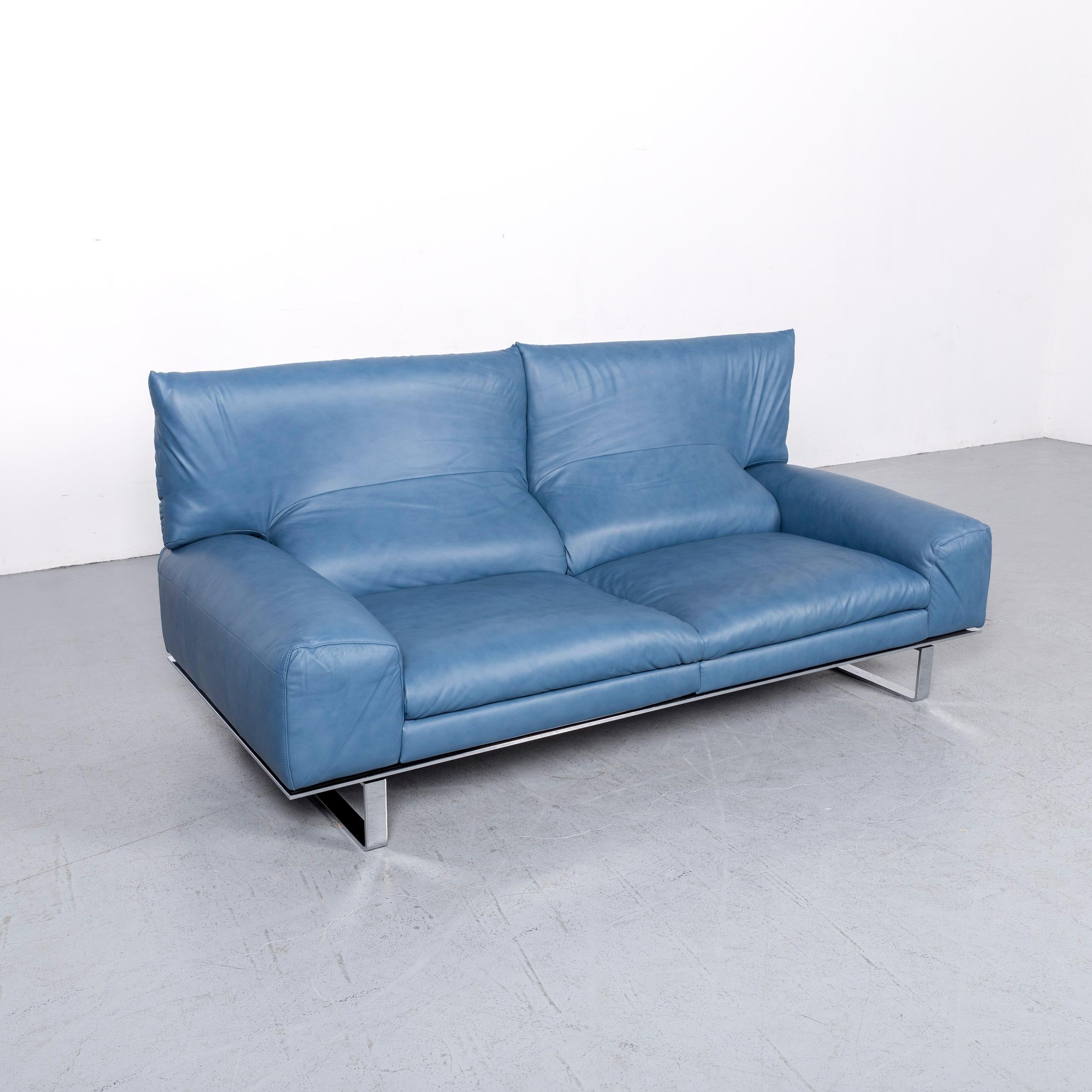 German Ewald Schillig Designer Sofa Leather Blue Three-Seat Couch Modern