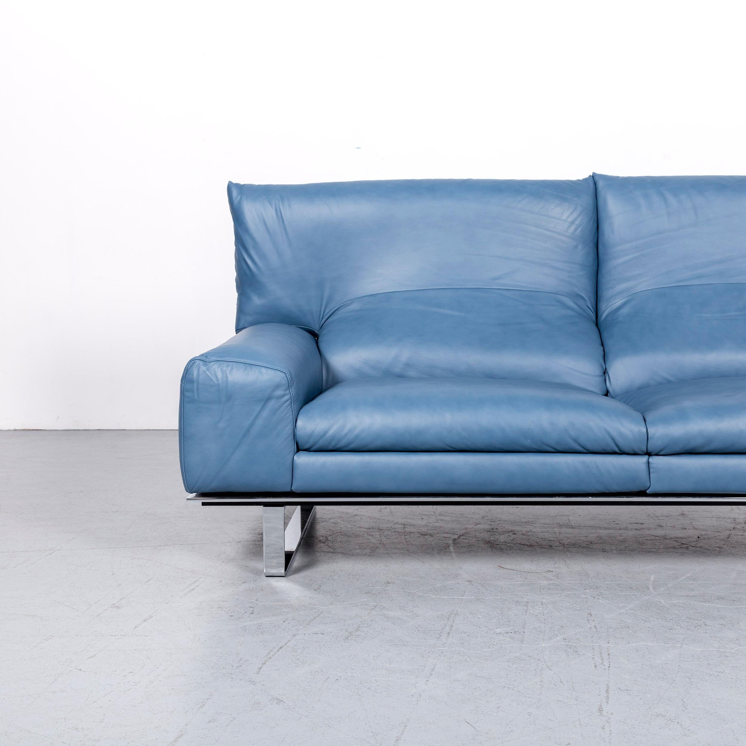 Ewald Schillig Designer Sofa Leather Blue Three-Seat Couch Modern In Good Condition In Cologne, DE