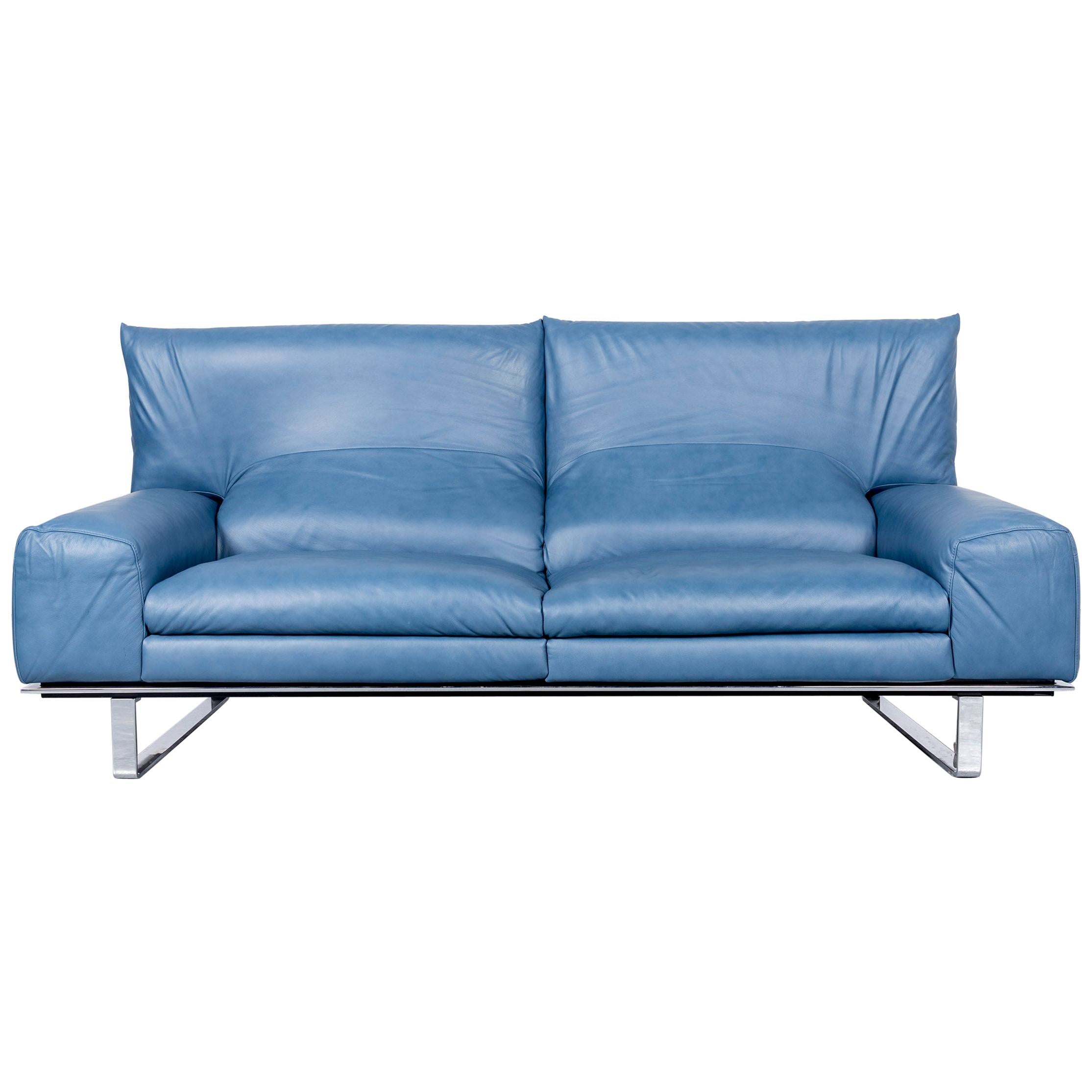 Ewald Schillig Designer Sofa Leather Blue Three-Seat Couch Modern
