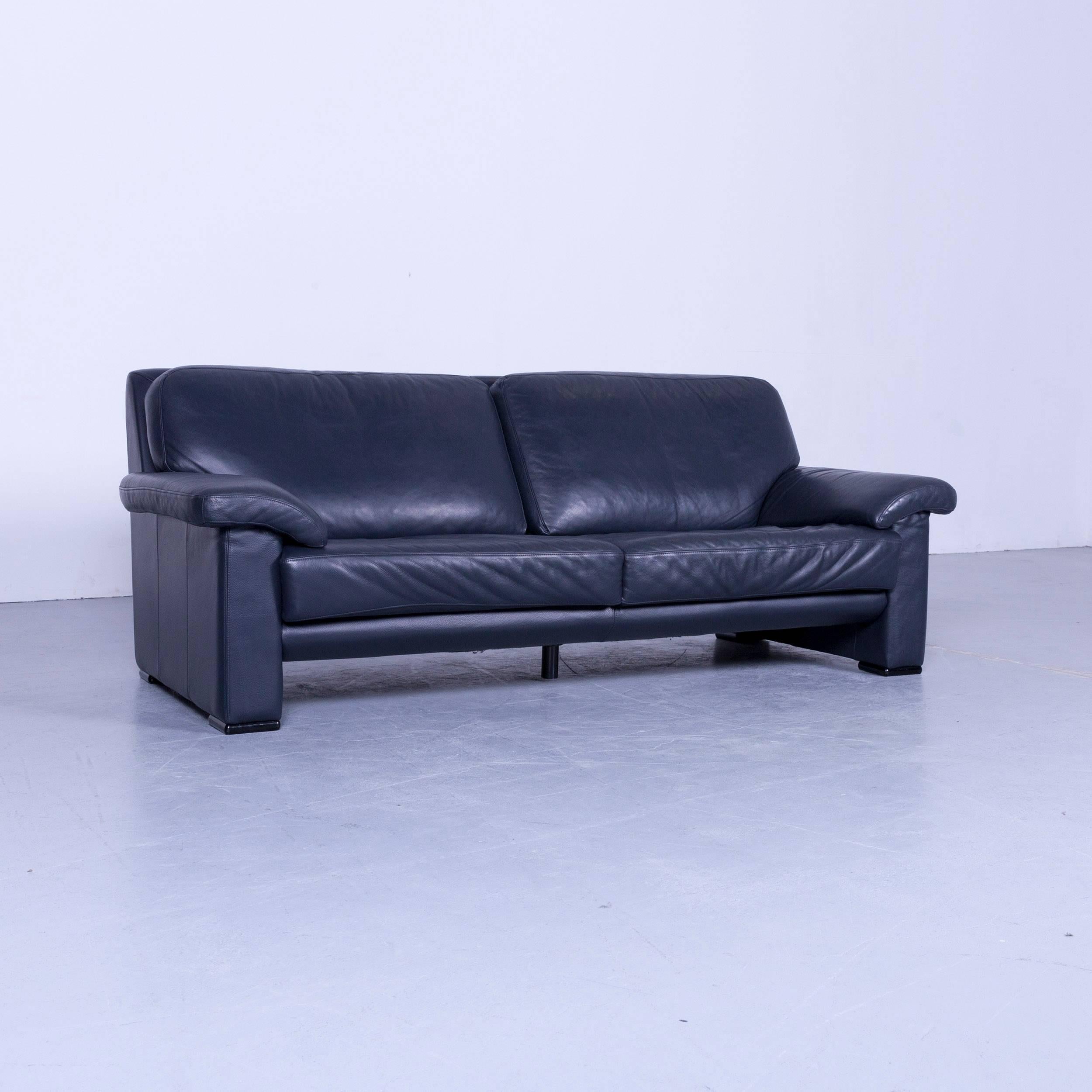 Ewald Schillig designer three-seat sofa in blue leather, in a minimalistic and modern design, made for pure comfort and style.