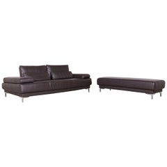 Ewald Schillig Harry Designer Sofa Footstool Set Leather Brown Three-Seat Couch