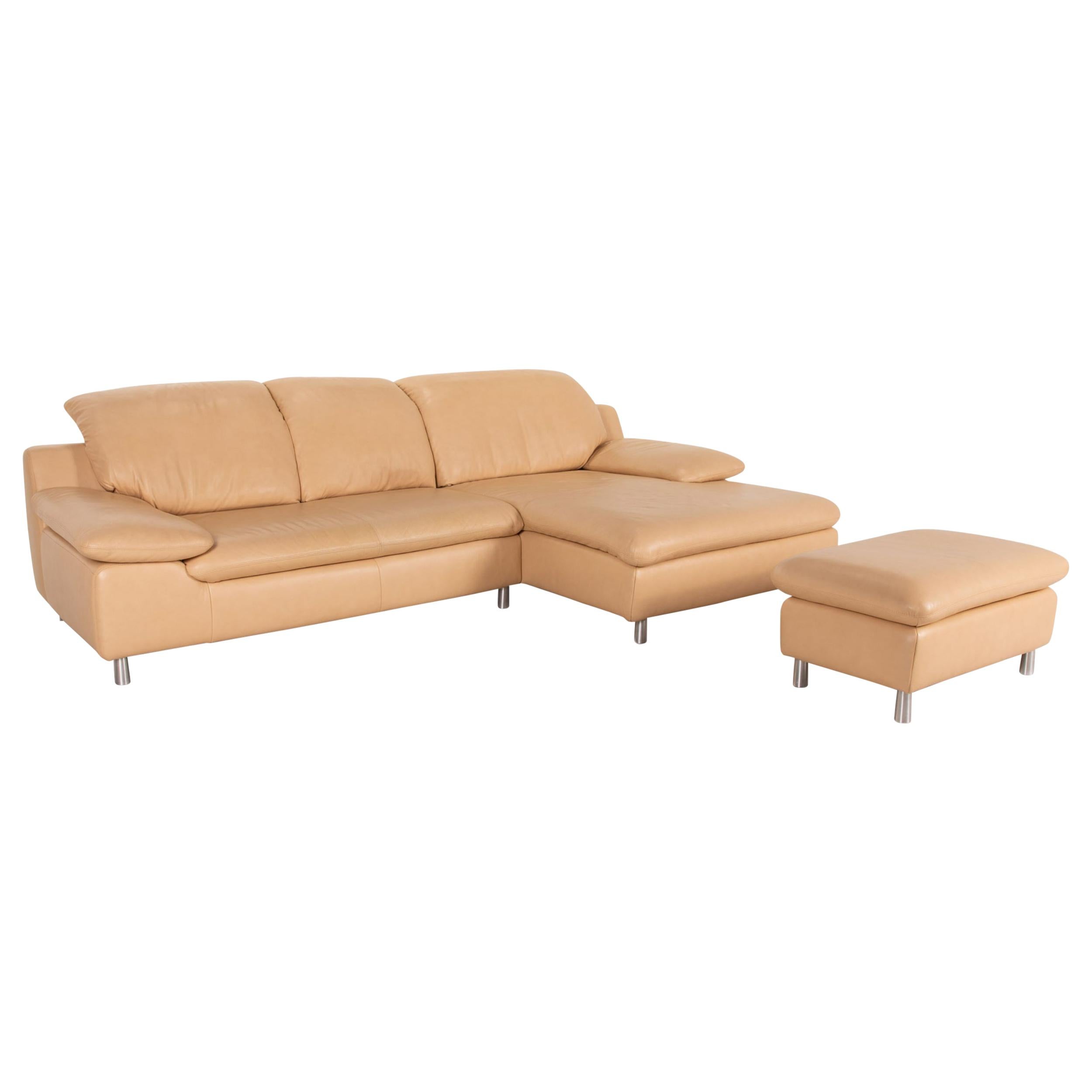 Ewald Schillig Leather Corner Sofa Beige Sofa Couch Incl, Stool