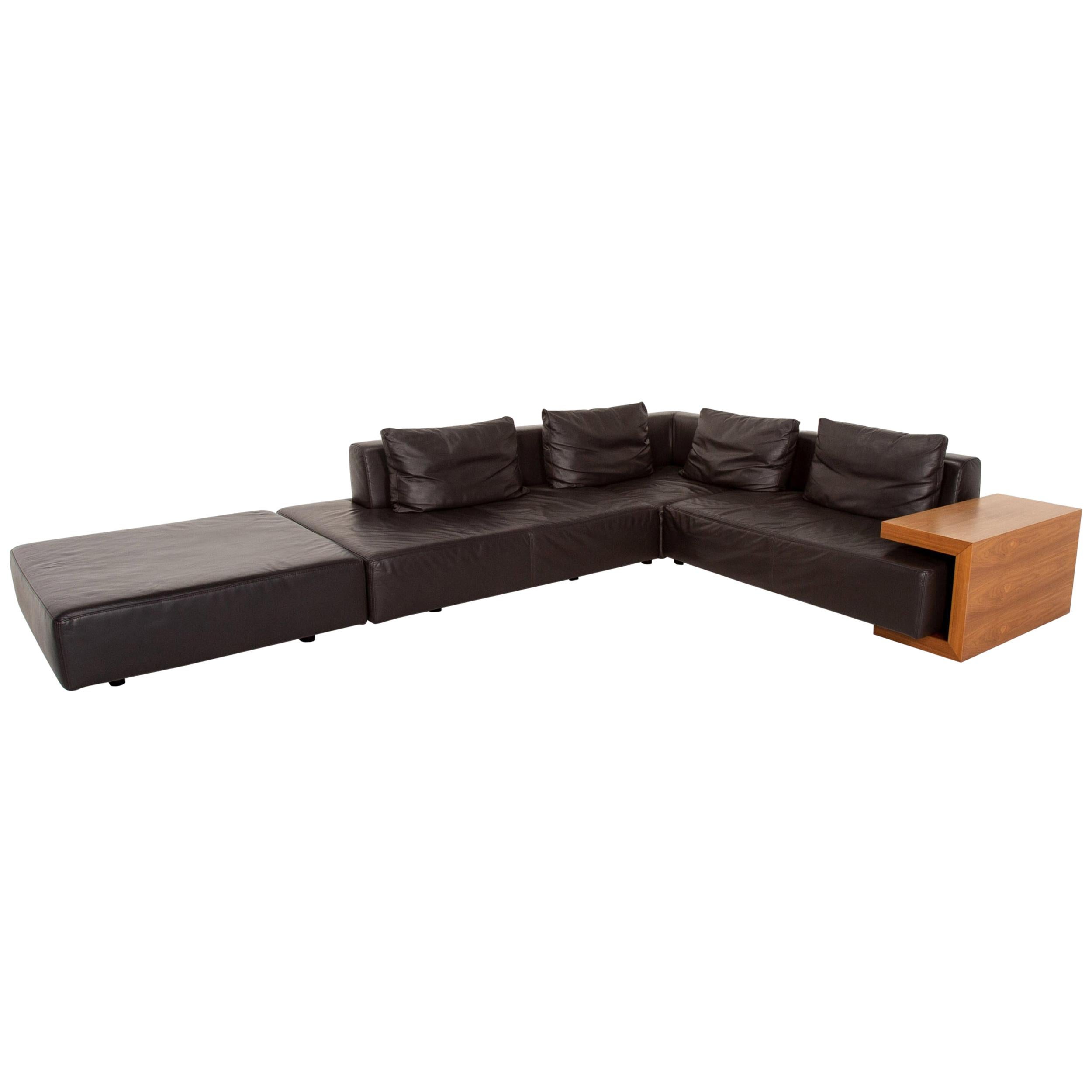 Ewald Schillig Leather Corner Sofa Incl. Wood Side Table Modular Sofa Couch For Sale