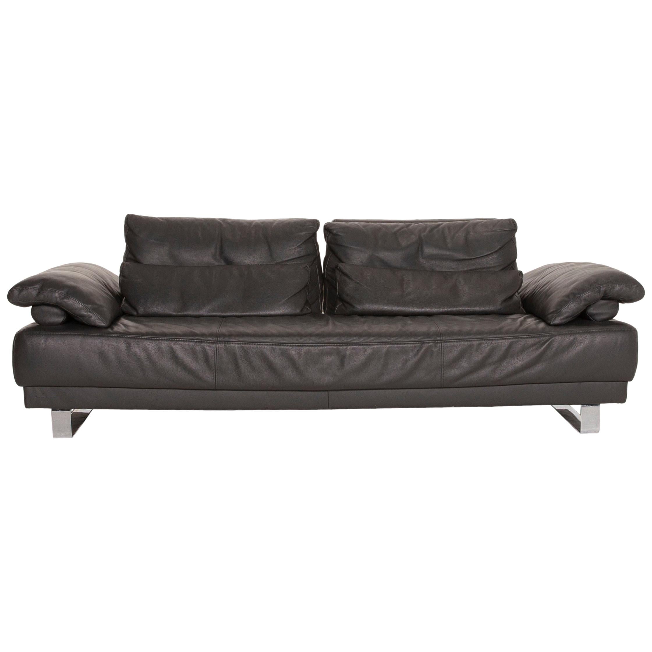 Ewald Schillig Leather Sofa Anthracite Gray Three-Seater Function Couch