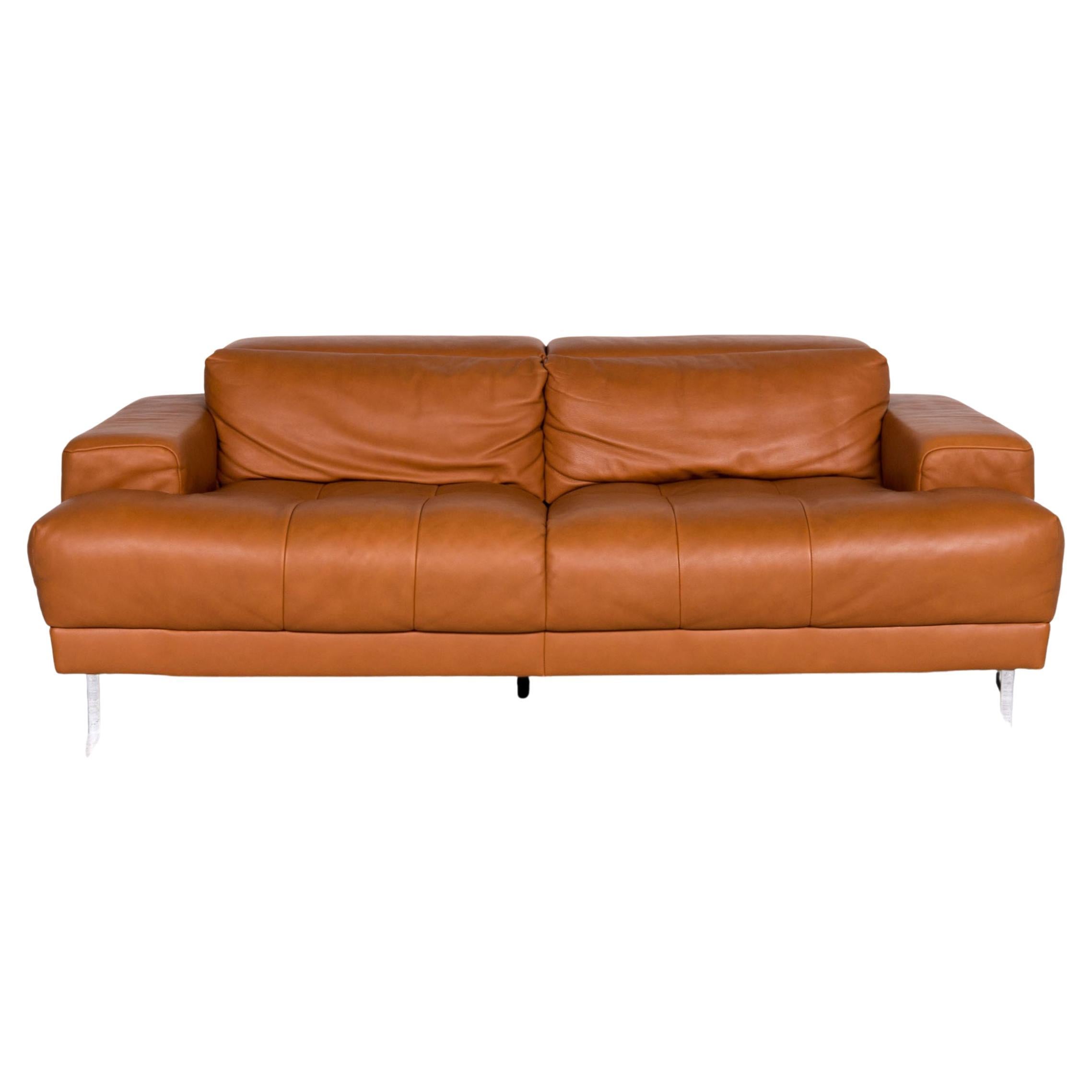 Ewald Schillig Leather Sofa Brown Cognac Three-Seater Couch For Sale