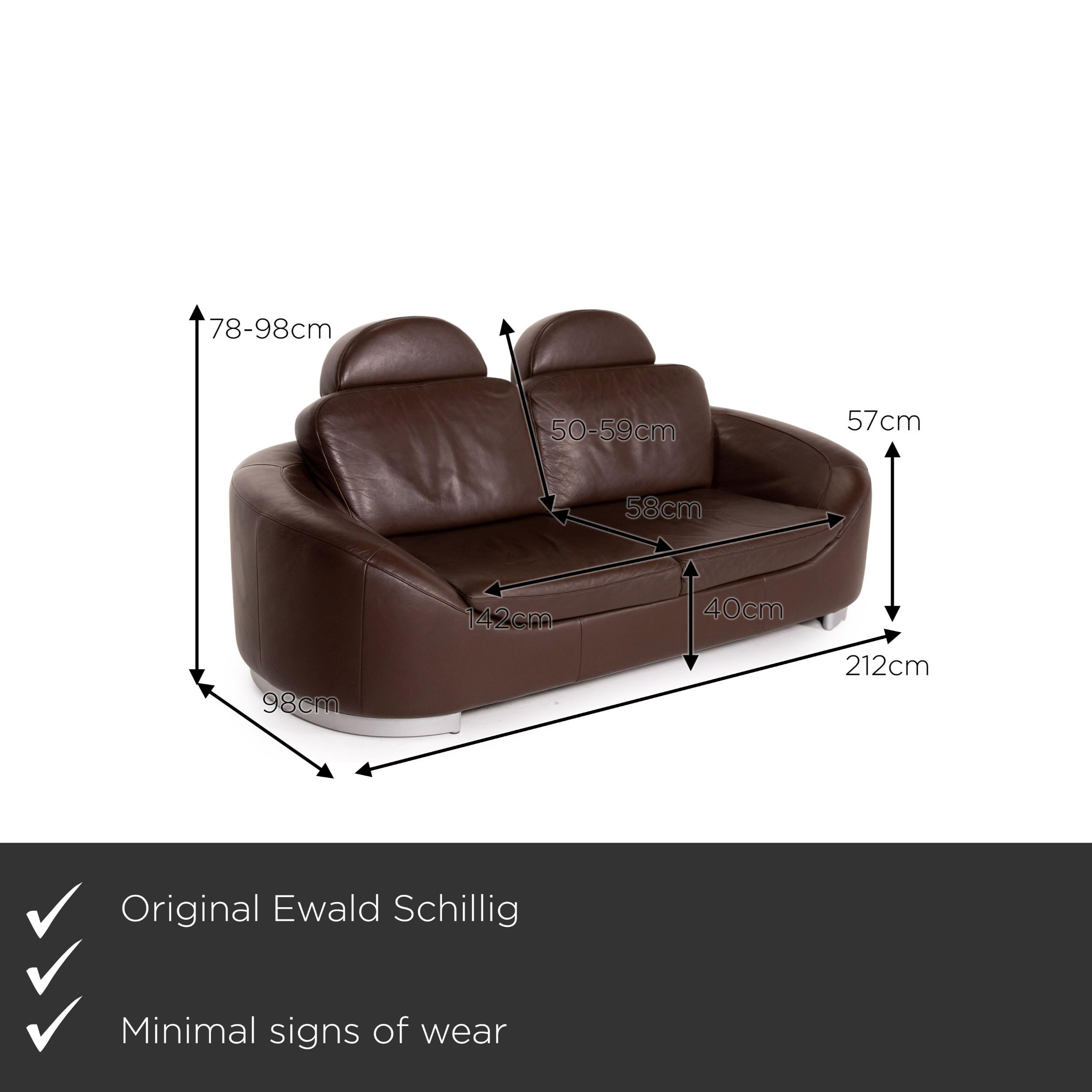 We present to you an Ewald Schillig leather sofa brown dark brown two-seater couch.
 
 

 Product measurements in centimeters:
 

Depth 98
Width 212
Height 98
Seat height 40
Rest height 57
Seat depth 58
Seat width 142
Back height 59.