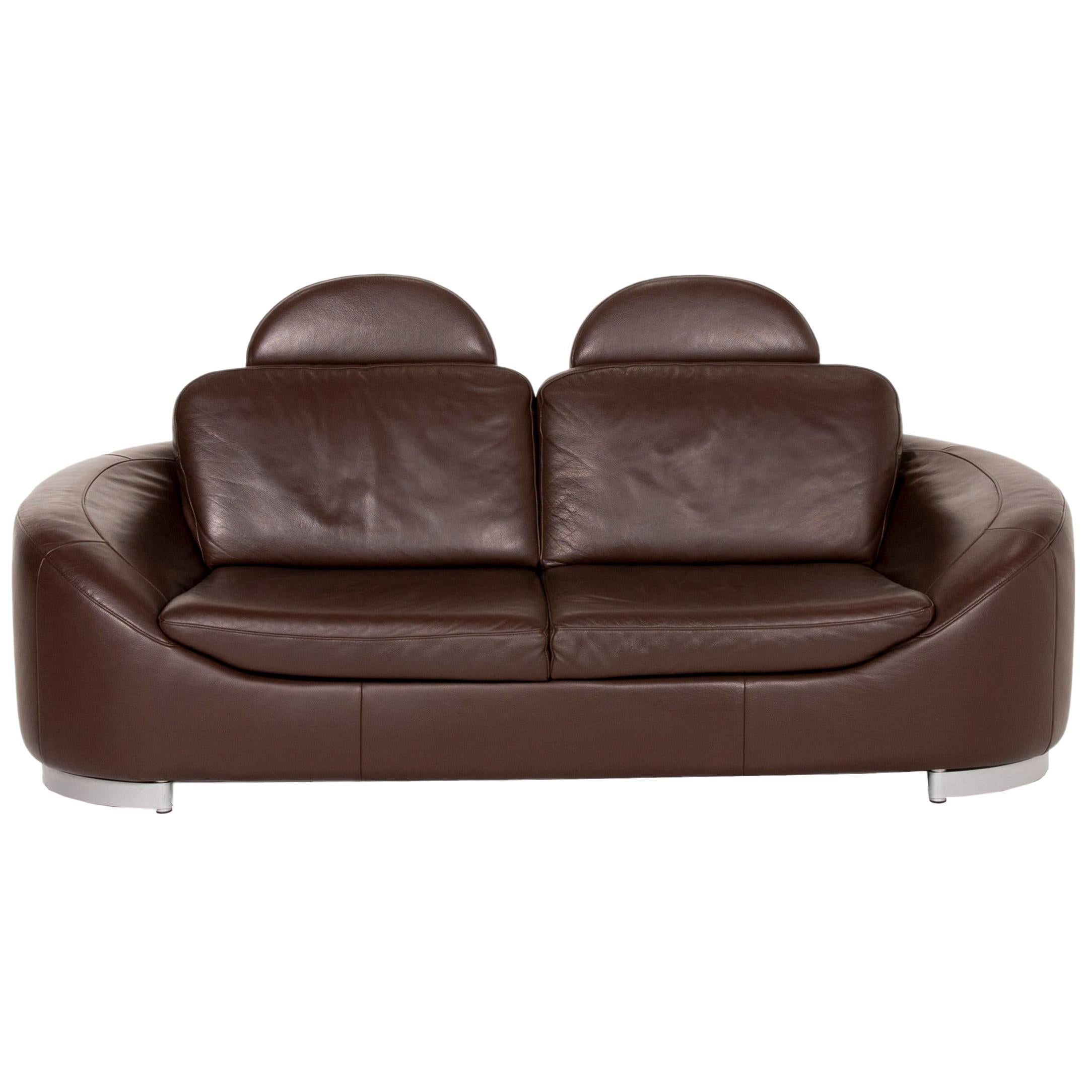 Ewald Schillig Leather Sofa Brown Dark Brown Two-Seater Couch For Sale