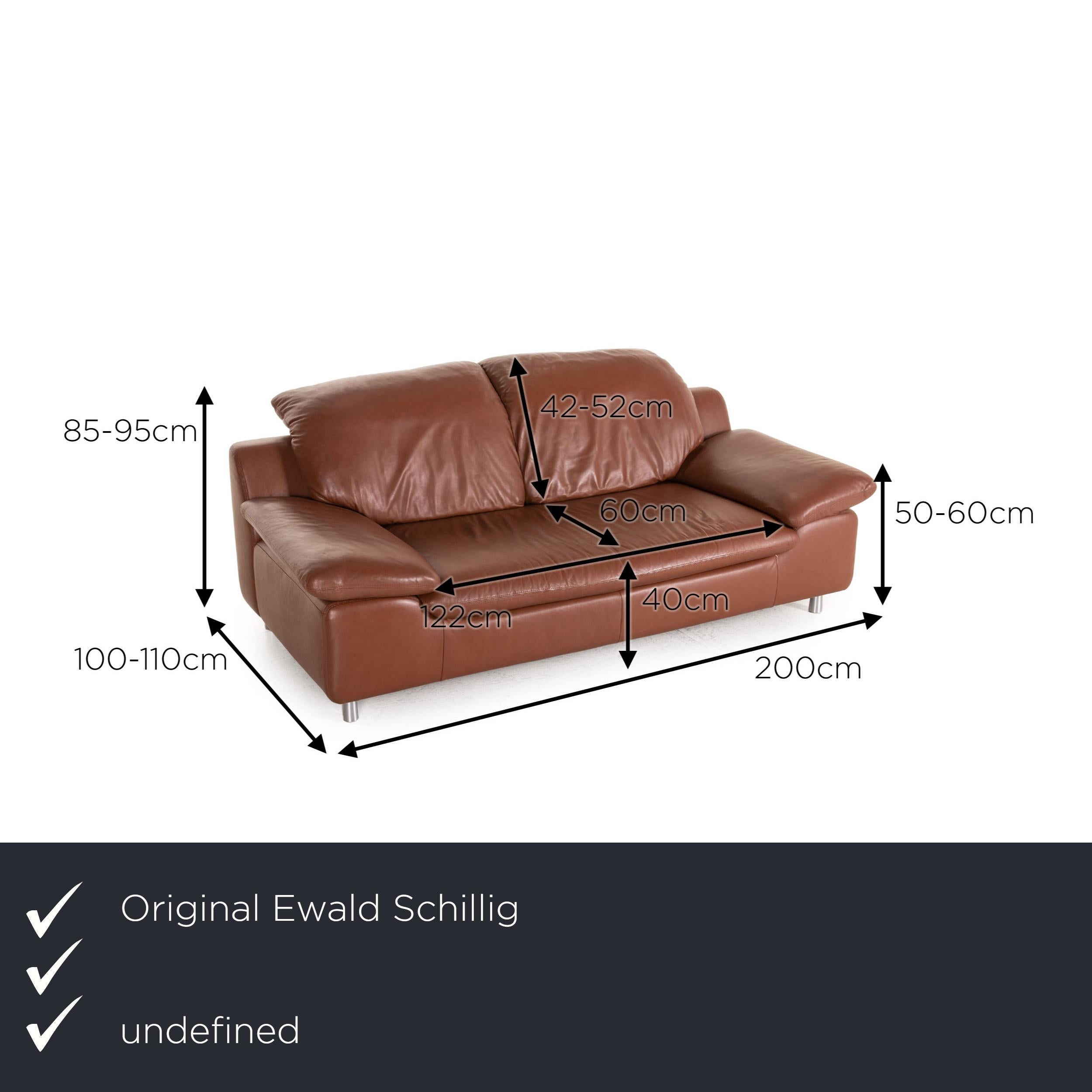 Wir präsentieren Ihnen ein Ewald Schillig Ledersofa braun Zweisitzer Couch.

Produktabmessungen in Zentimetern:

Tiefe: 100
Breite: 200
Höhe: 85
Sitzhöhe: 40
Resthöhe: 50
Sitztiefe: 60
Sitzbreite: 122
Rückenhöhe: 42.

 