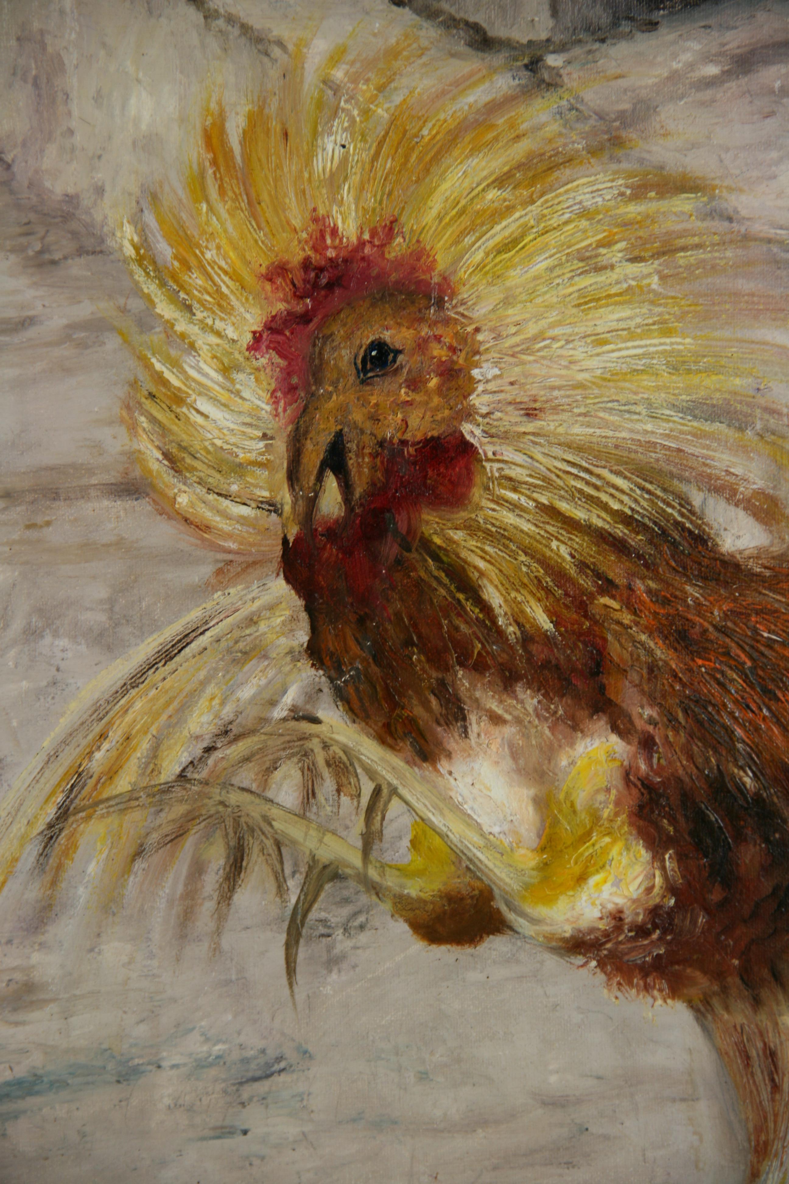5-3749a  Oil on canvas of a street cock fight by E.Walker
Set in a simple black wood frame