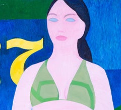 1970s large retro Modern British painting of a figure in front of a blue poster