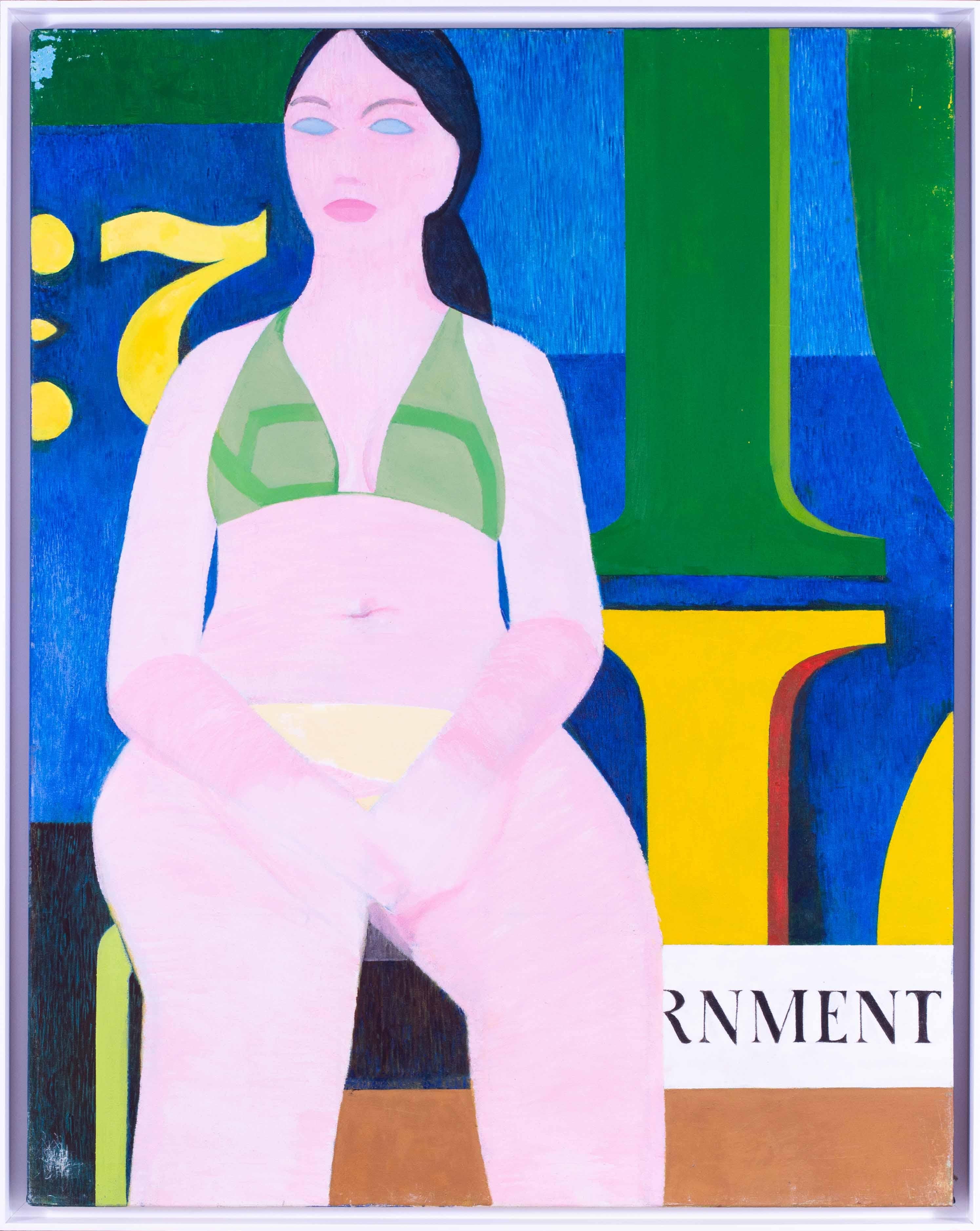 1970s large retro Modern British painting of a figure in front of a blue poster 