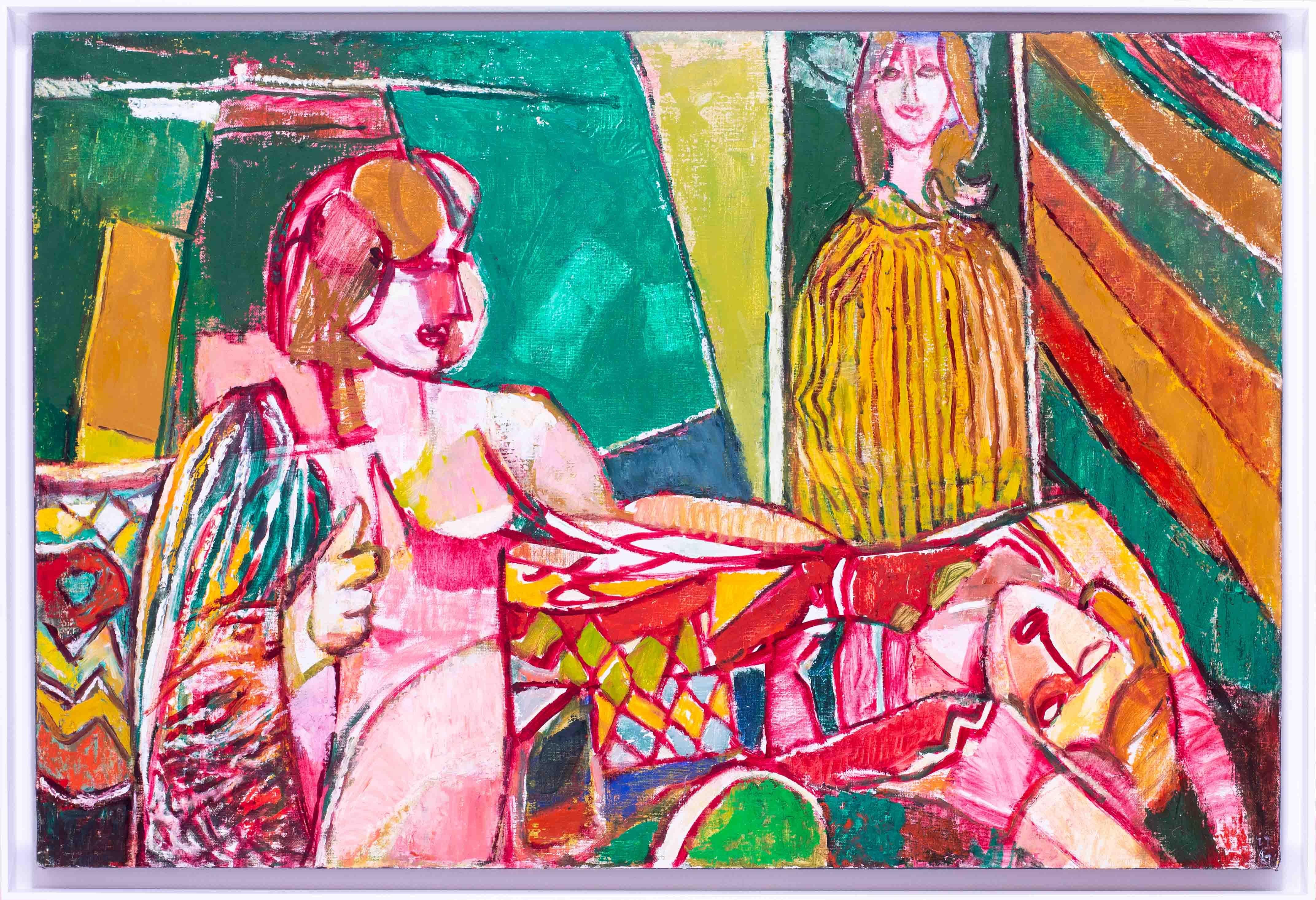 This captivating artwork exemplifies the Ewart John's bold and vibrant style, exuding a sense of energy and playfulness. Set against a varied green backdrop, the nudes in the foreground command attention with their graceful presence. The composition