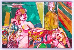 1987 Peinture à l'huile The Moderns British de deux nus dans un Studio par Ewart Johns