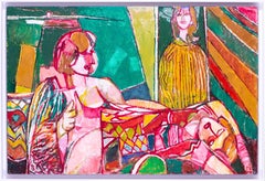 1987 Óleo Modern British de dos desnudos en un estudio por Ewart Johns