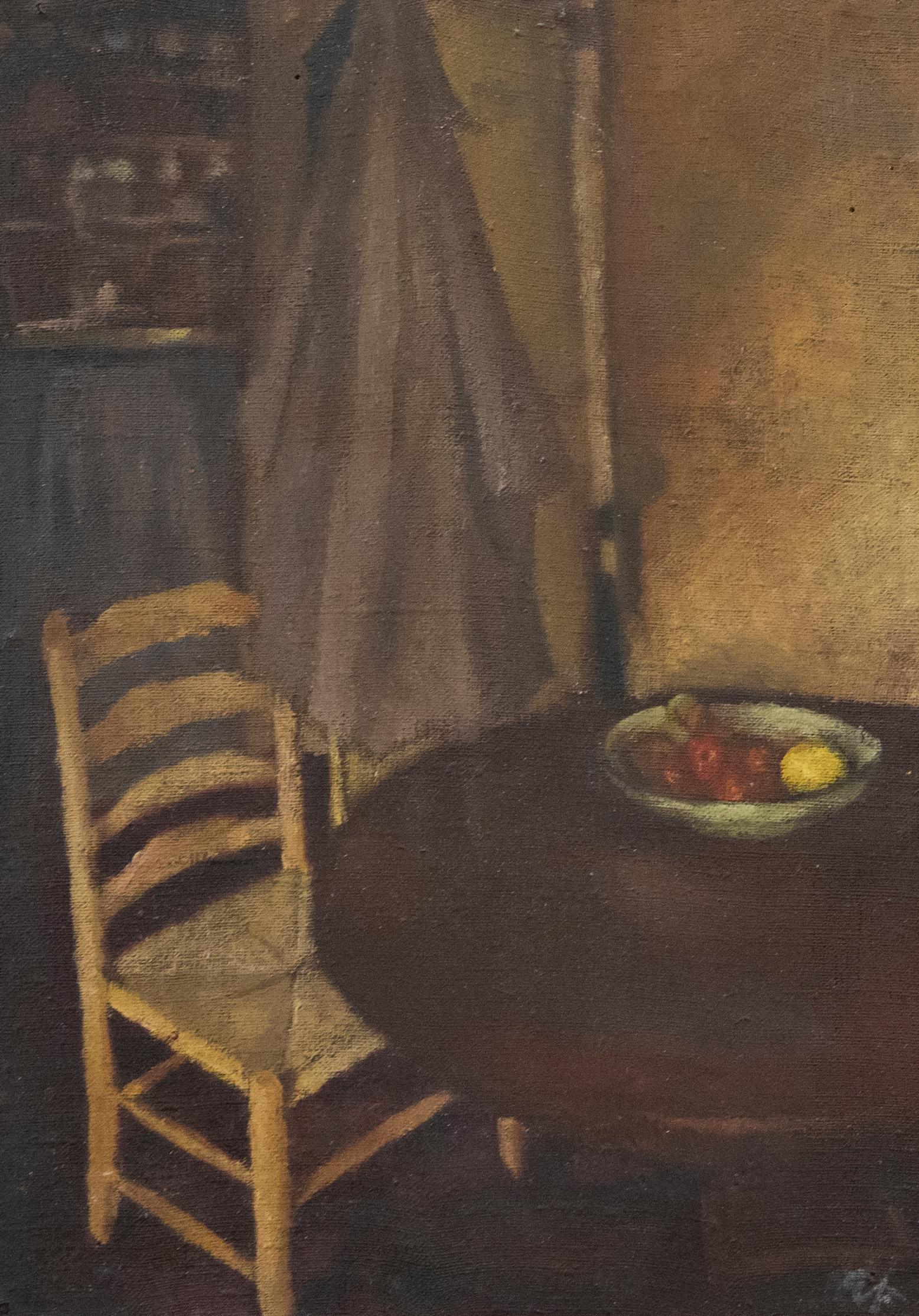 One of the earliest known works by the Welsh artist Ewart Johns. This simple yet stylish interior scene captures a humble wooden chair and table set with a large fruit bowl brimming with apples. A Welsh dresser can be seen in the background and the