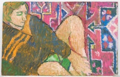 Ewart Johns (1923-2013) - 1987 Oil, Girl Holding Foot, Carpet Background