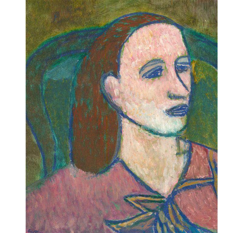 A colourful and bold 3/4 length portrait of a young woman. Johns has used a bold and expressive palette to capture her youth and beauty. Signed to the lower left corner. Inscribed to the reverse. On board.
