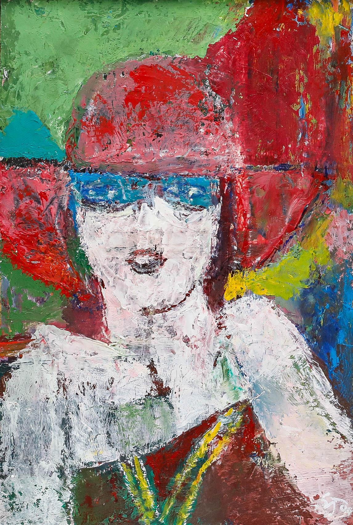 Ewart Johns (1923-2013) - 1990 Huile, Fille au chapeau rose en vente 1