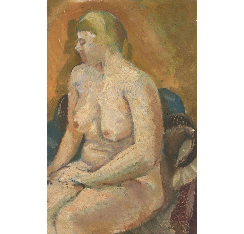 A wonderful mid-century nude study depicting a woman with cropped hair on a cushioned sofa. The artist has used some scraffito to create pattern and texture within the composition. Signed to the lower left. Inscribed at a later date to the reverse.