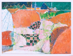 Figure on beach in check orange swimsuit by Modern British artist Ewart Johns