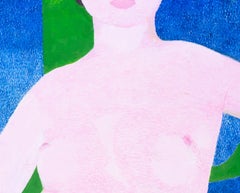 Large modern British oil painting by Ewart Johns of a nude and poster, blues