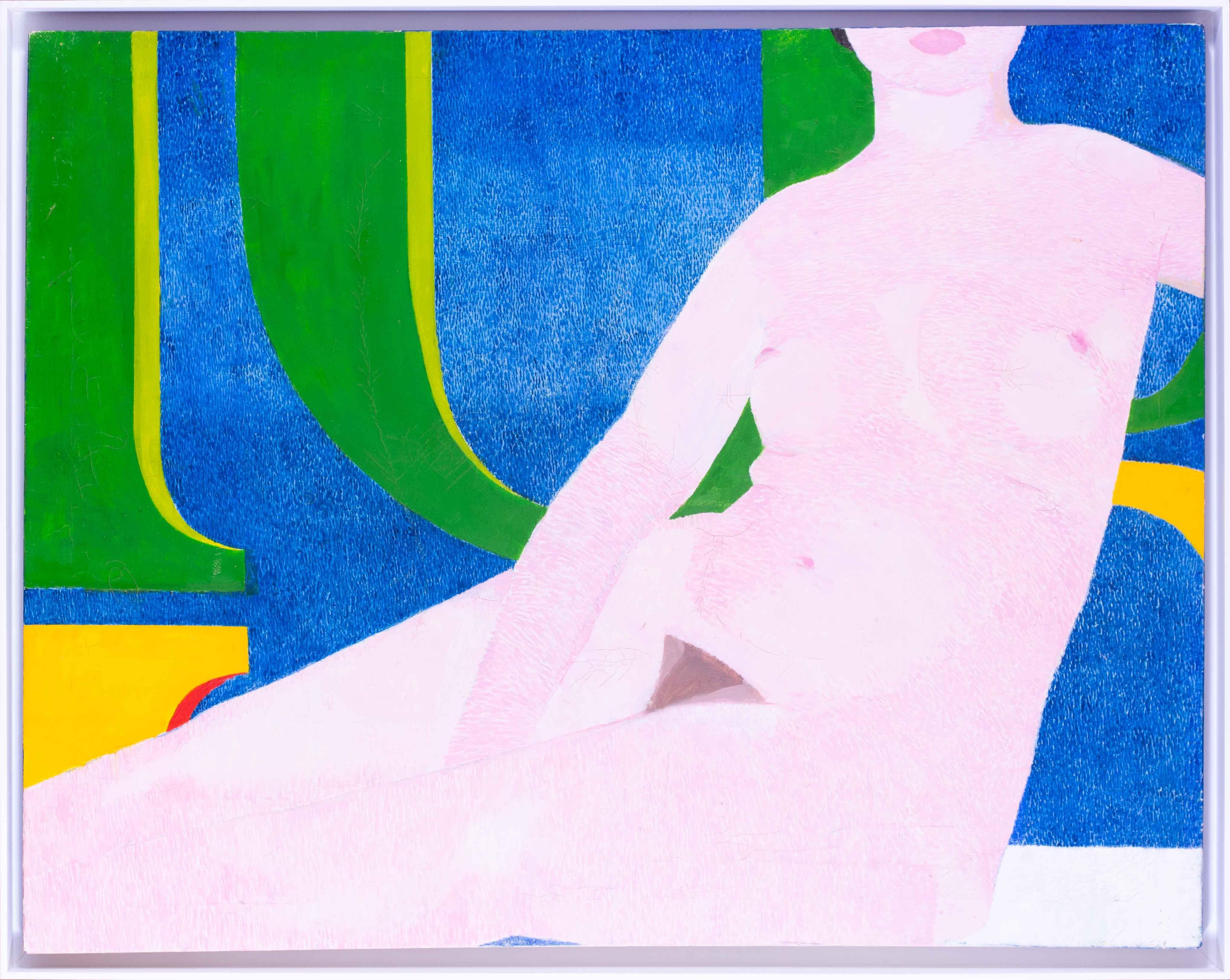 Ein auffallend originelles und großflächiges Retro-Gemälde eines Aktes vor einem gemalten grafischen Muster aus dem Jahr 1976 des britischen Künstlers Ewart Johns.  Der kräftige blaue und grüne Hintergrund unterstreicht gekonnt die schlichte