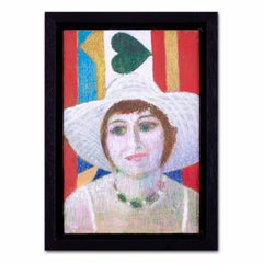Mid-century, Modern British portrait of a lady in pale pink hat by Ewart Johns