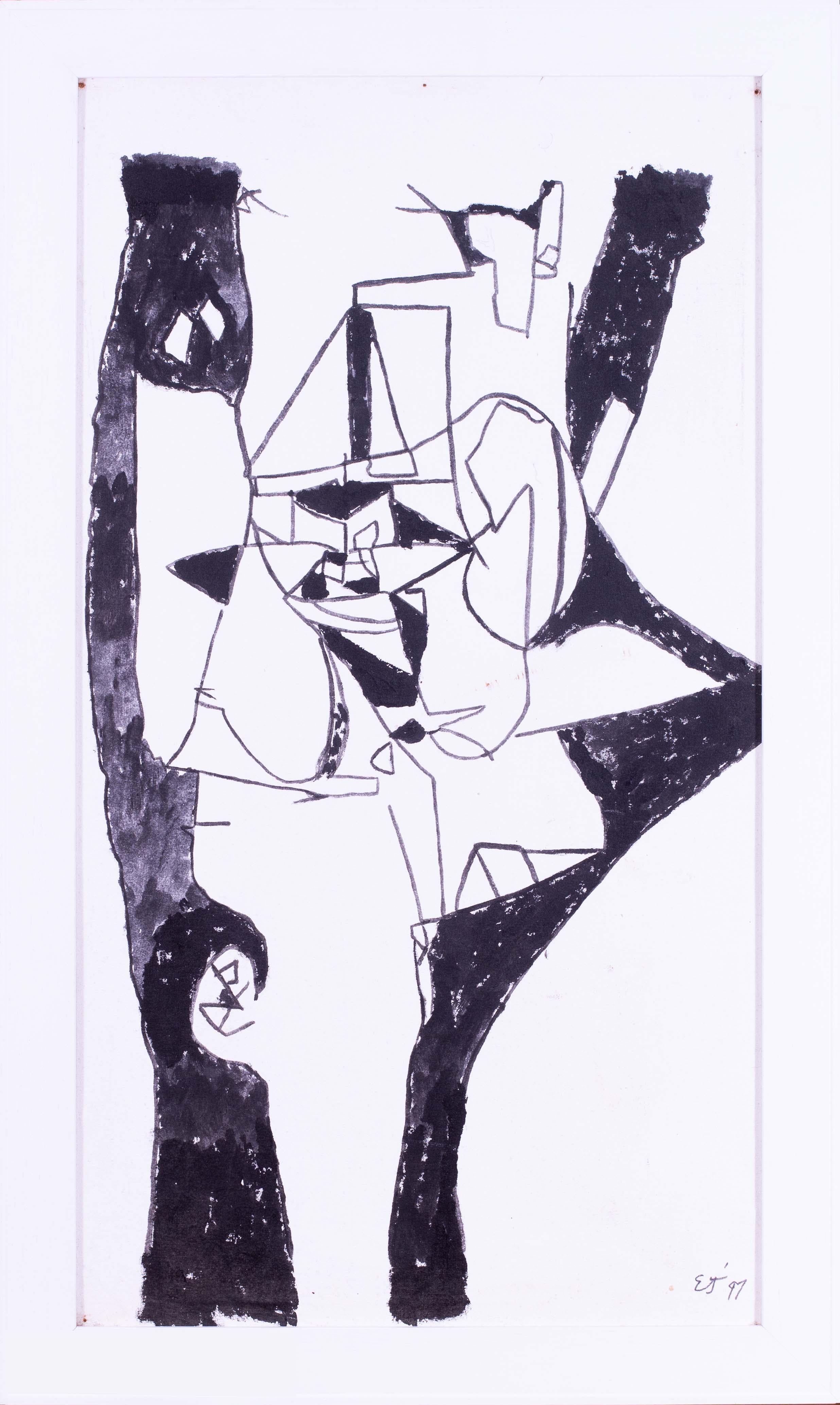 Ein wirklich beeindruckendes abstraktes Schwarz-Weiß-Acrylgemälde des sehr geschickten modernen britischen Künstlers Ewart Johns.

Ewart Johns (Brite, 1923 - 2013)
Schwarz auf Weiß II
Acryl auf Leinwand
Signiert mit Initialen und datiert 'EJ 97'