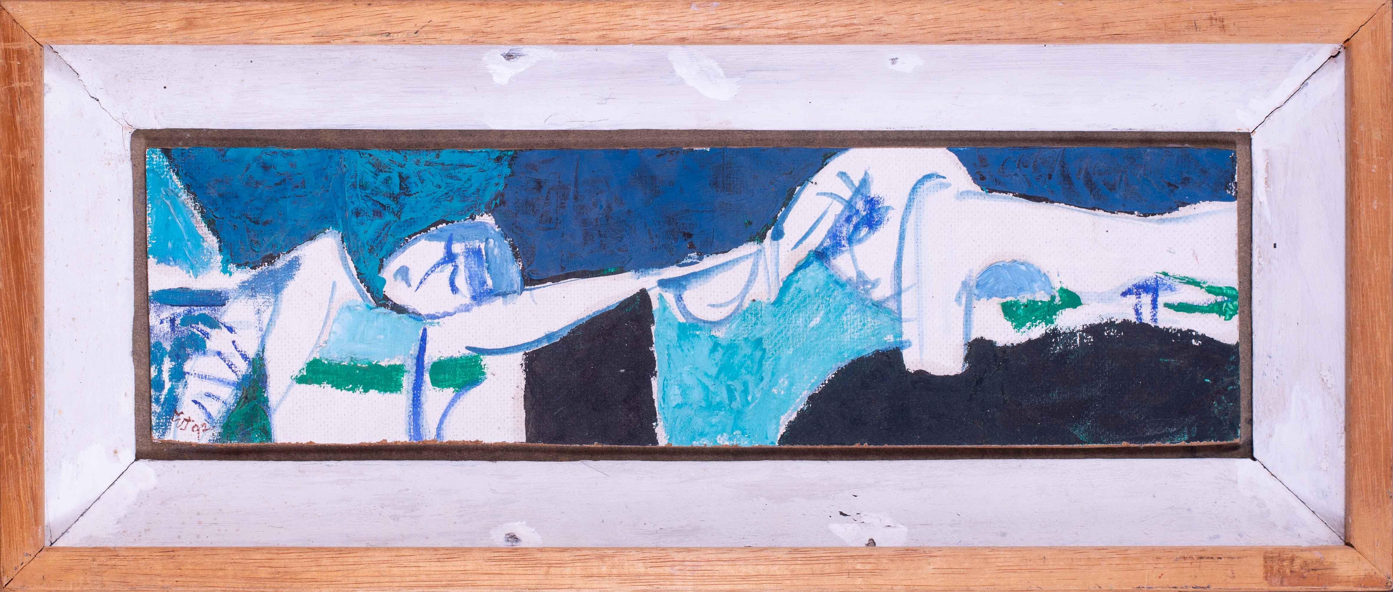 Modern British, Akt, Ölgemälde von Ewart Johns, original, blau, Öl auf Karton