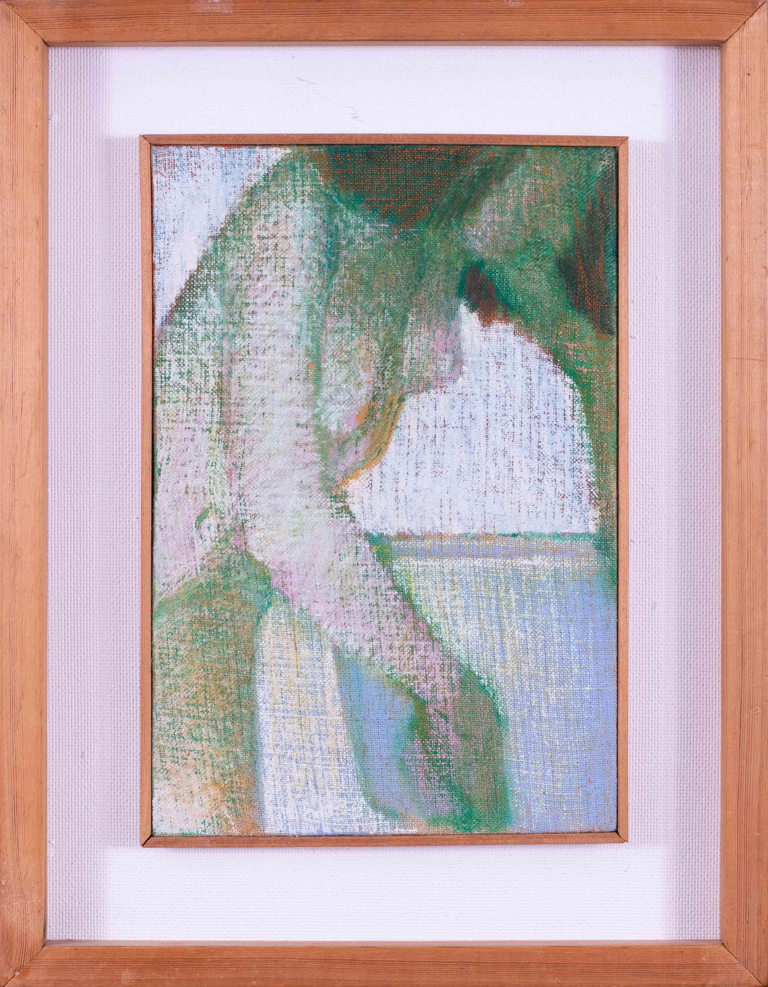 Un dessin magnifiquement exécuté aux pastels à l'huile d'un nu s'appuyant sur une baignoire par l'artiste britannique moderne Ewart Johns (1923 - 2013), 1980.

Ewart Johns (britannique, 1923 - 2013)
Nu appuyé sur la baignoire, 1980
Pastel à l'huile