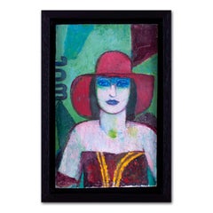Vintage Portrait of brooding girl in red hat by Modern British artist Ewart Johns