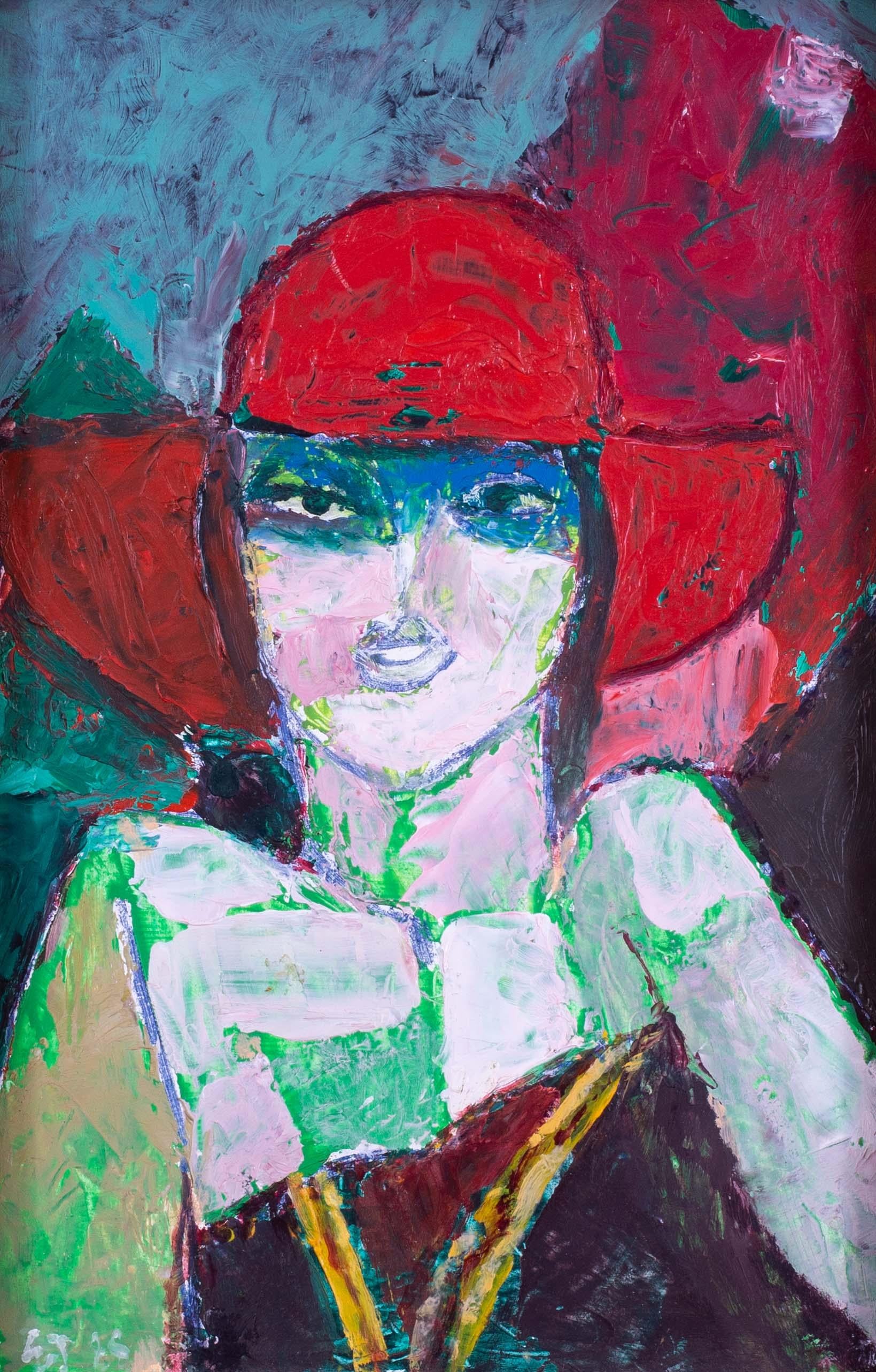 Portrait of young woman in red hat by Modern British artist Ewart Johns For Sale 1