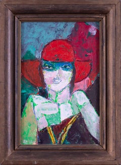 Vintage Portrait of young woman in red hat by Modern British artist Ewart Johns