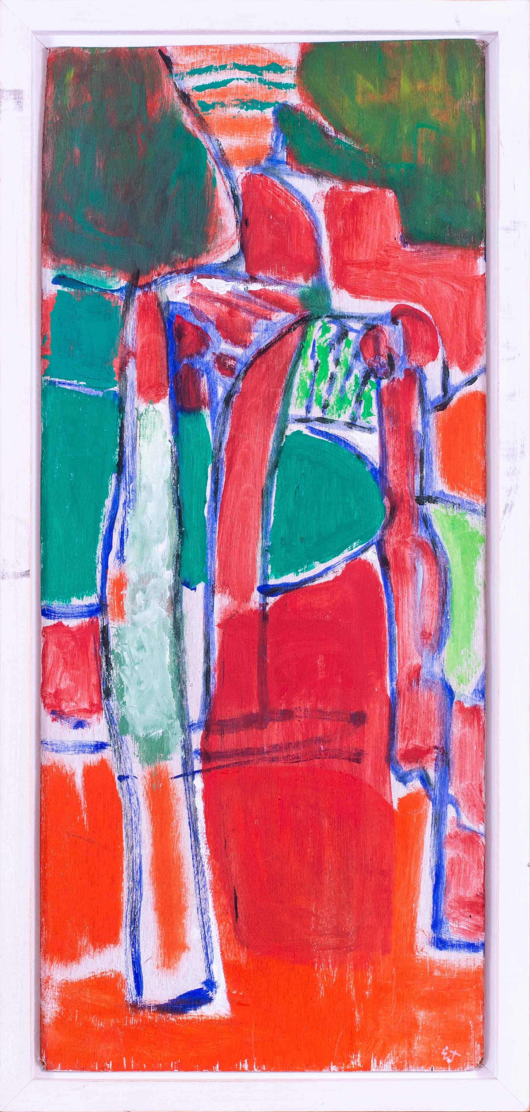 Une très belle et grande peinture abstraite de paysage rouge de l'artiste britannique moderne Ewart Johns.

Ewart Johns (britannique, 1923 - 2013)
Paysage rouge et arbres, Toscane
Huile et techniques mixtes sur panneau
Signé avec les initiales "EJ"