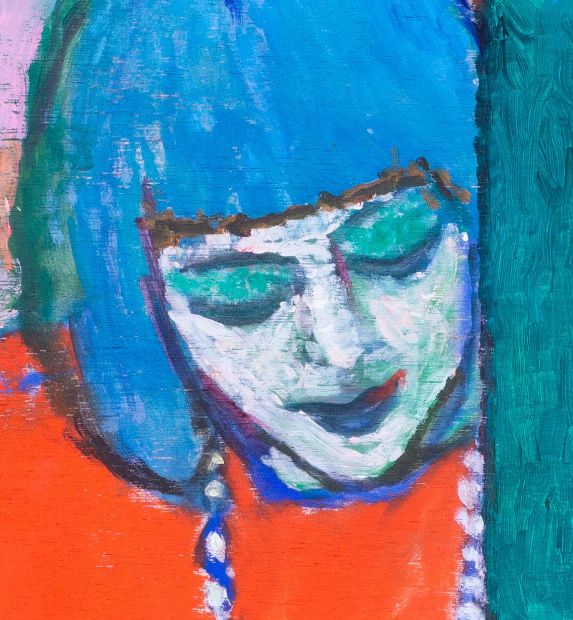 Sarah in blue hair and orange striped tights, 1986, oil painting by Ewart Johns For Sale 1